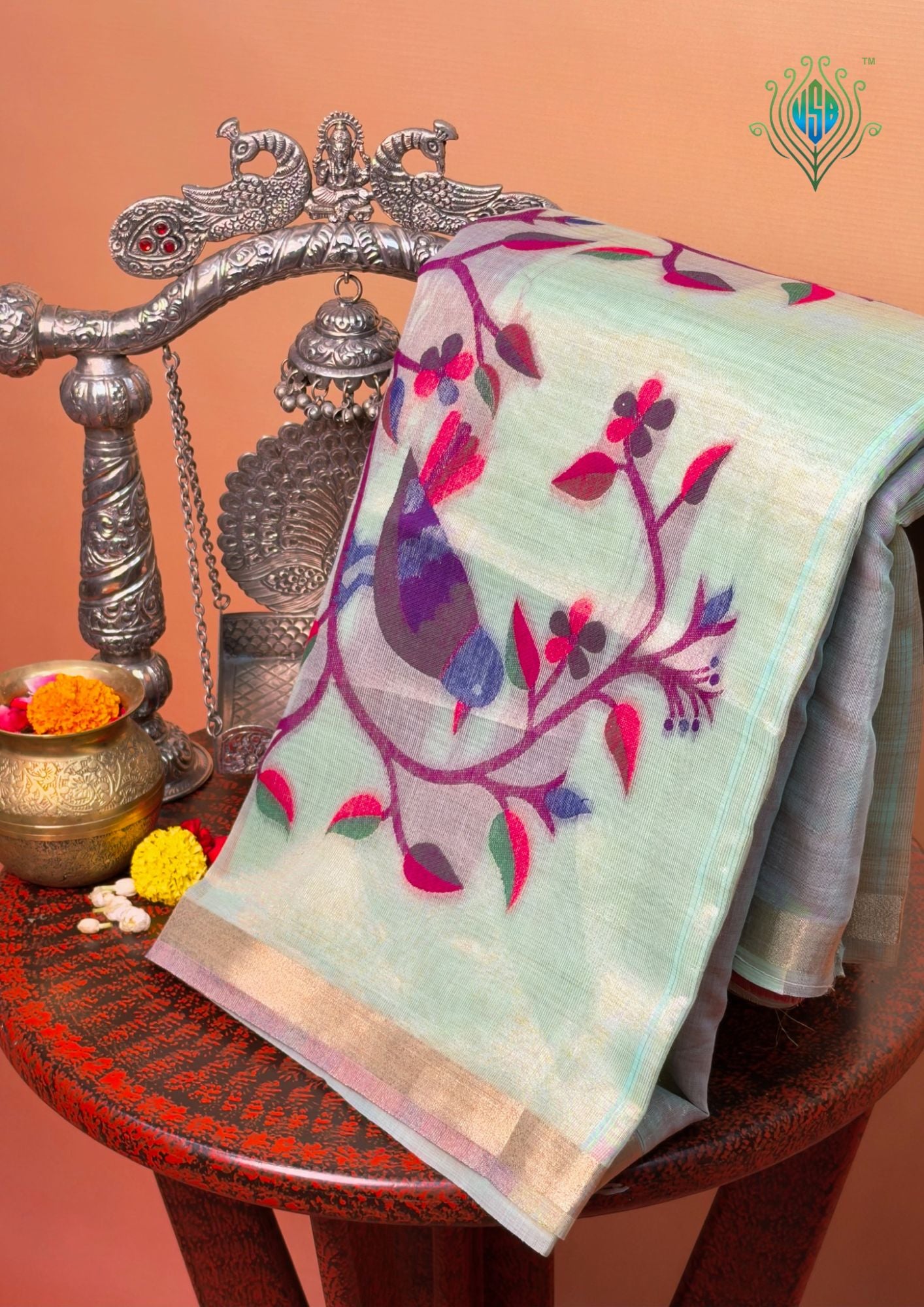 UTSAV BANARAS 464: Sky Blue Cotton Saree with Resham Bird Motif & Artistic Floral Border