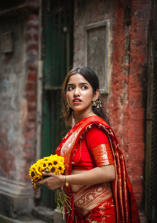 "Waah Banaras 065" Banarasi Satan Silk Saree With Golden Zari Floral Weaving & Rich Border