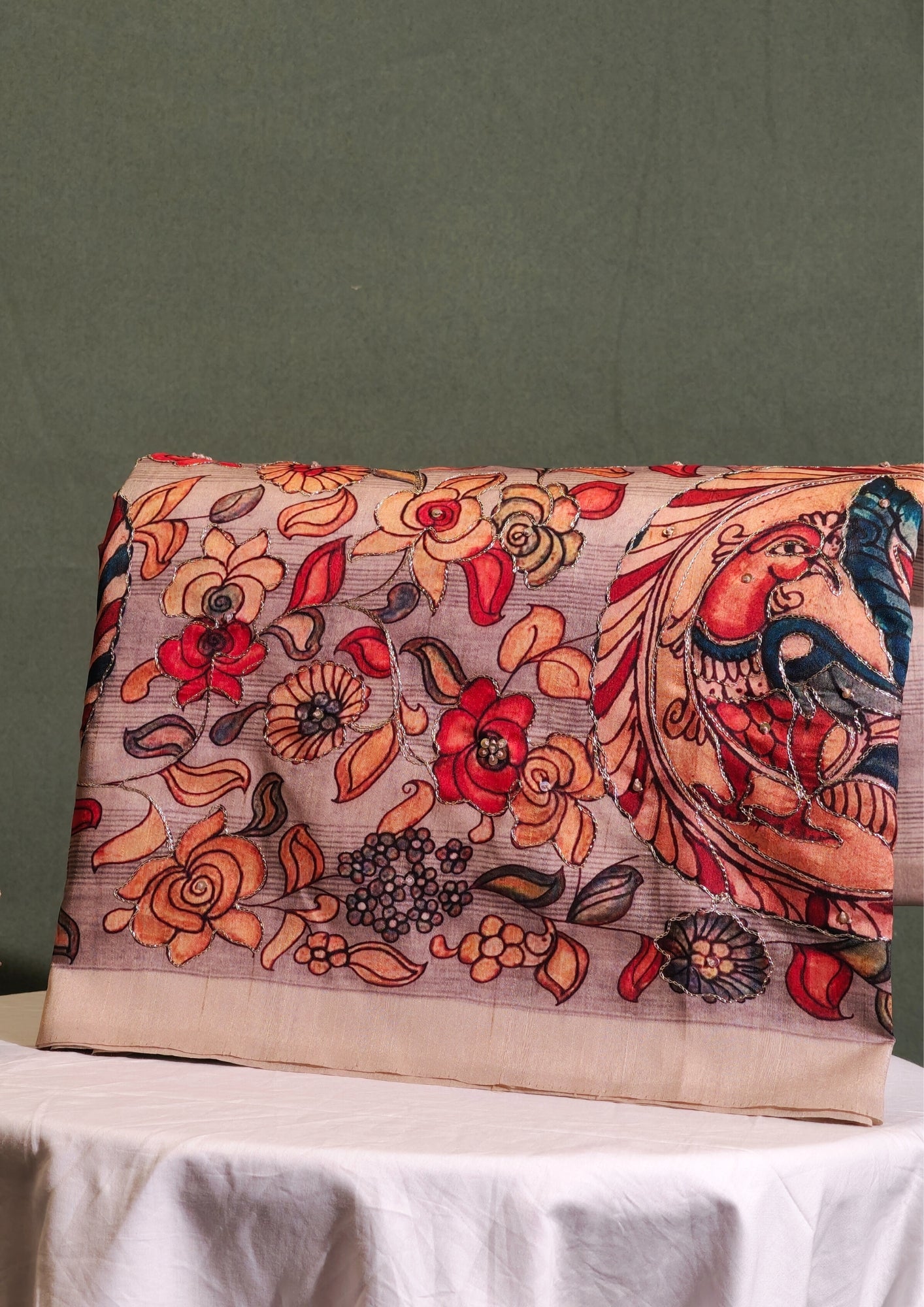 "UTSAV BANARAS 284" Banarasi Beige Handwork Raw Silk Saree With Kalamkari Bird Motifs