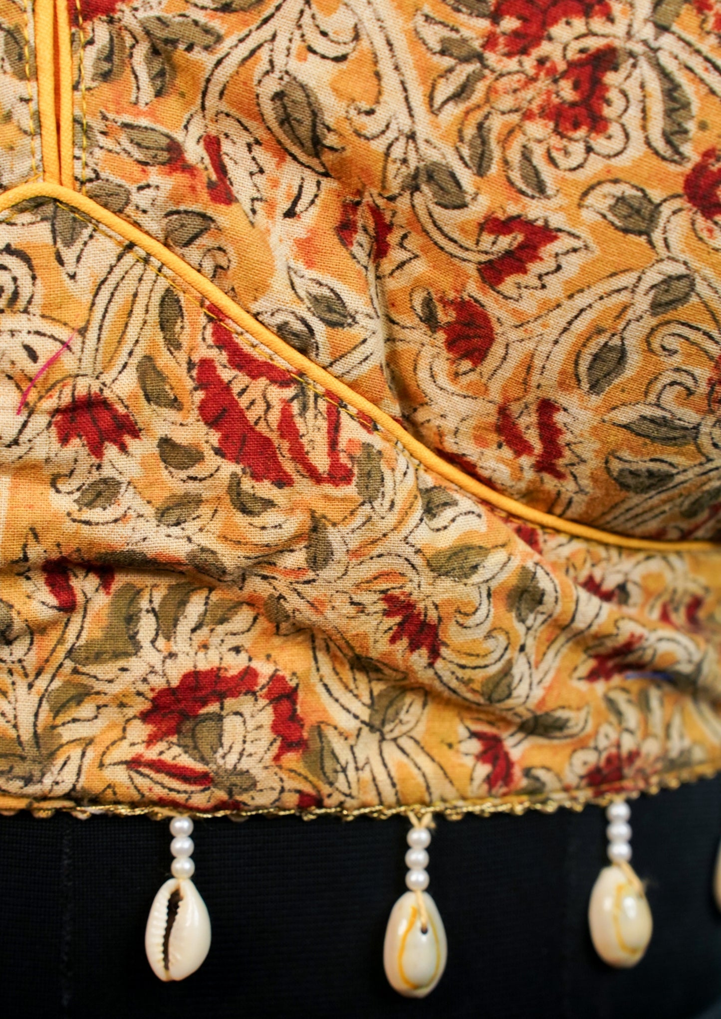 "RDM BL 003" Banarasi Yellow Floral Printed Blouse with Shell Tassels