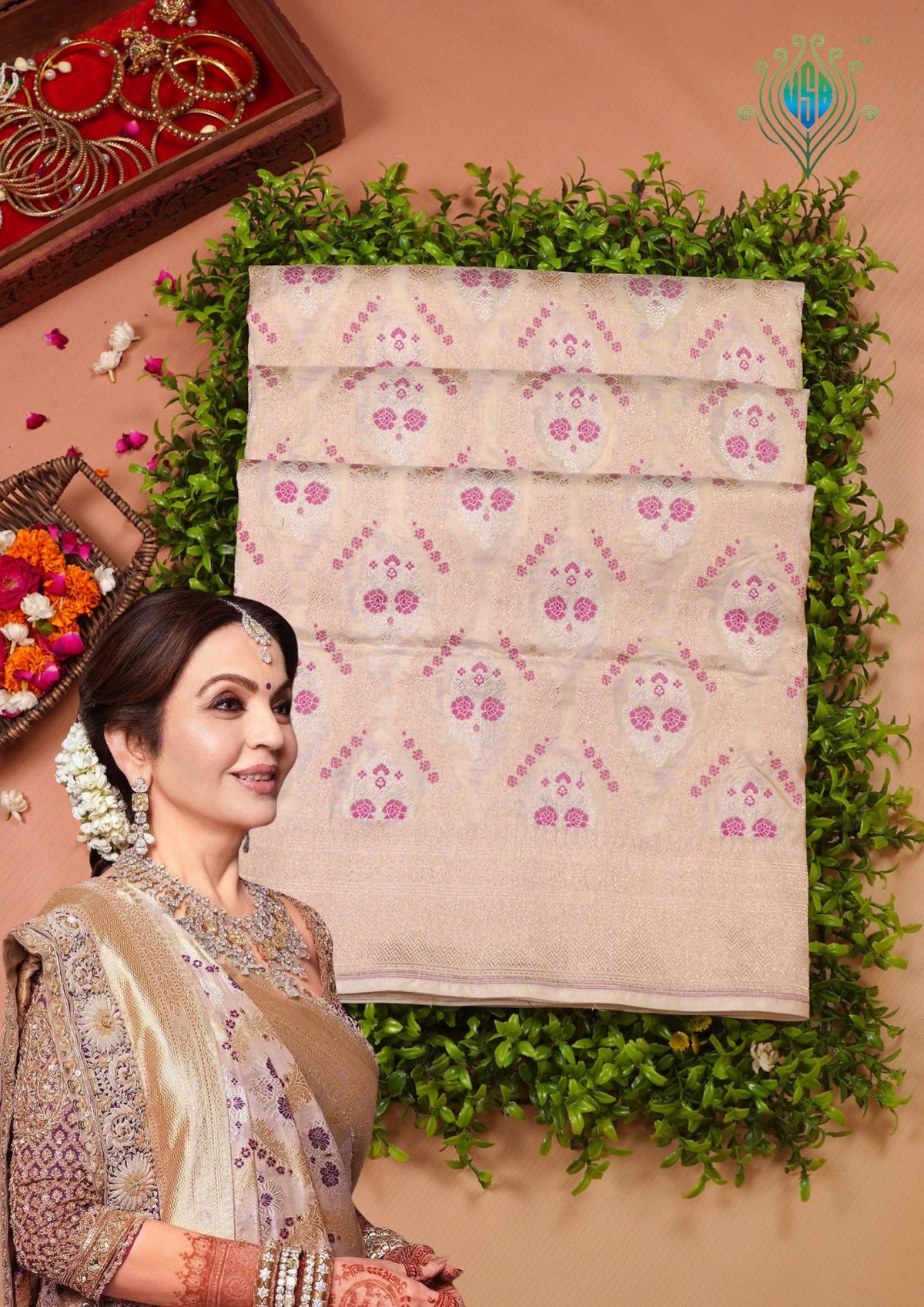 "VIRASAT 211" Banarasi Malda Silk Saree: With Maharani Blouse And Kashmiri Zardozi Embroidary