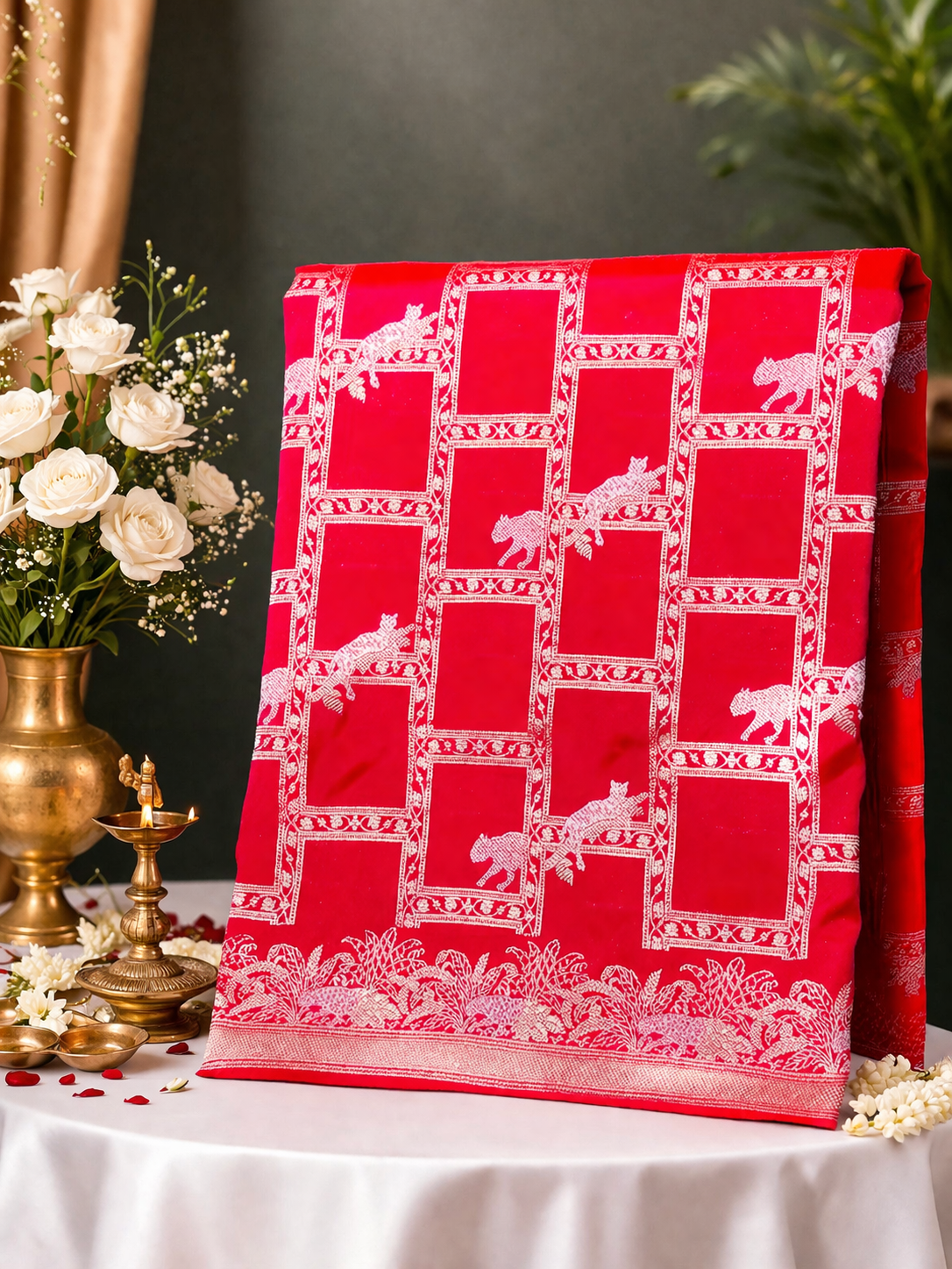 Waah Banaras 109: Royal Dual Tone Rust Red Semi Katan Banarasi Saree with Sona Rupa Zari & Heritage Jaal Design