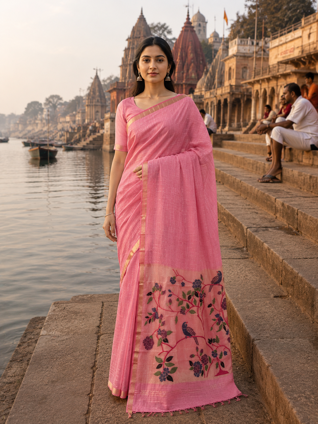 Utsav Banaras 455: Blush Pink Cotton Saree with Multicolor Resham Bird & Floral Work