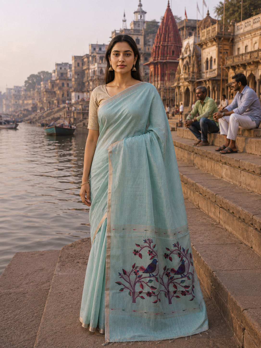 UTSAV BANARAS 464: Sky Blue Cotton Saree with Resham Bird Motif & Artistic Floral Border