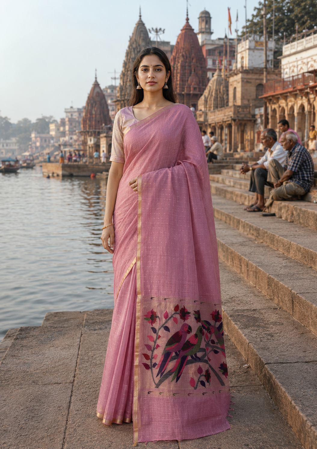 UTSAV BANARAS 463: Lavender Pink Cotton Saree with Multicolor Resham Bird & Floral Work