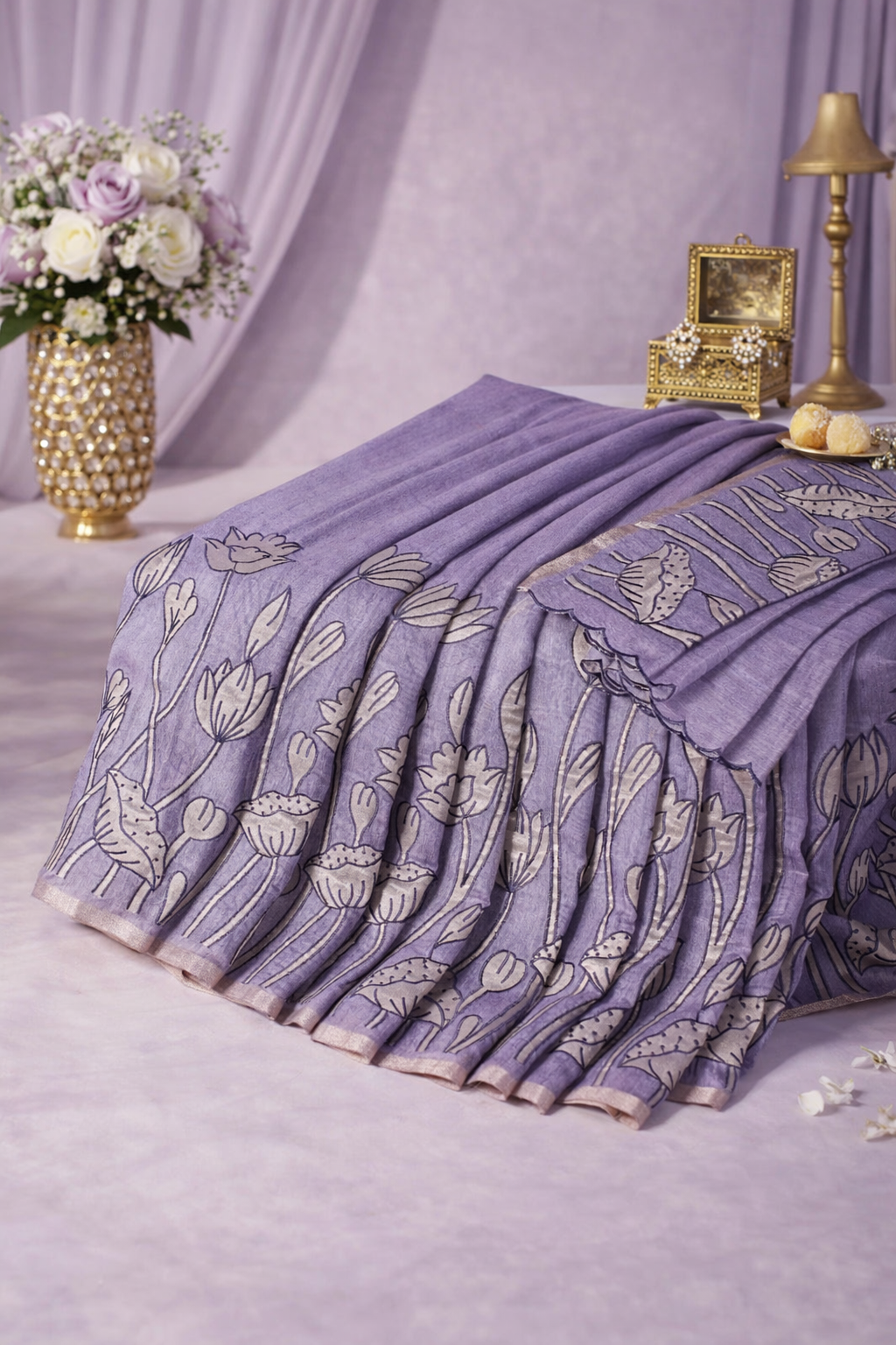 "UTSAV BANARAS 484" Banarasi Lavender-Grey Linen Silk Saree With Pencil Sketch Floral Embroidery