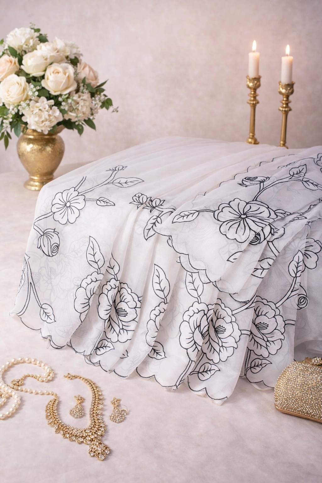 "UTSAV BANARAS 342" Banarasi Elegant White Applique Munga Silk Saree With Black Sketch Floral Embroidery & Scalloped Cutwork Border