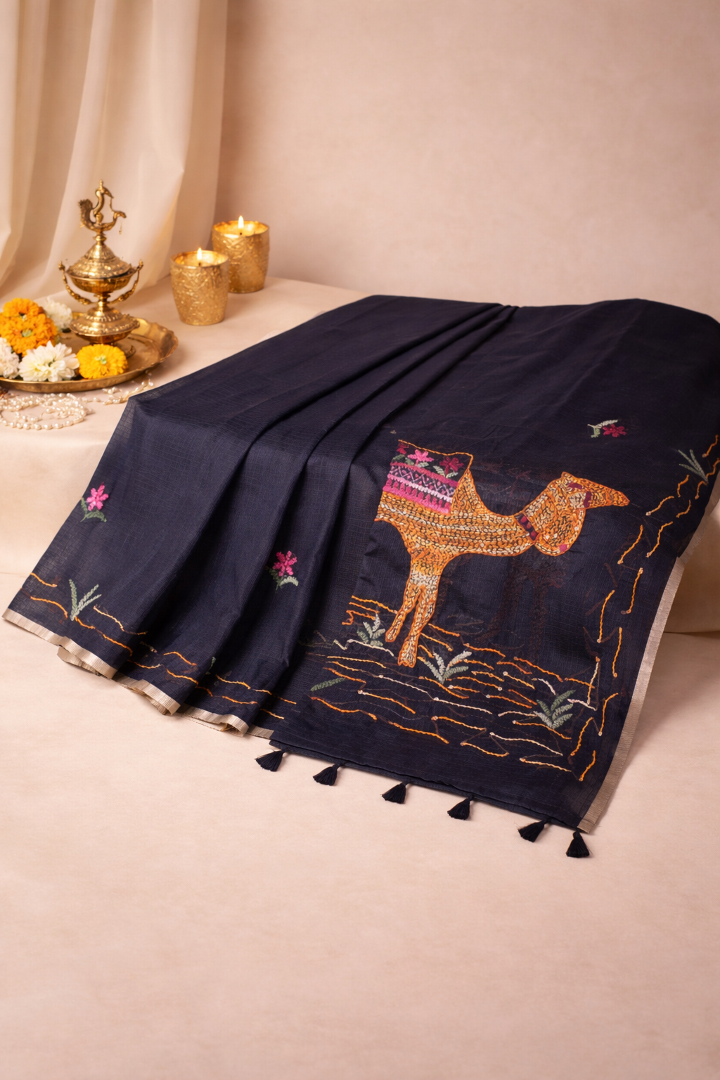 "Utsav Banaras 343" Banarasi Black Munga Silk Saree With Multicolored Camel Applique Embroidery