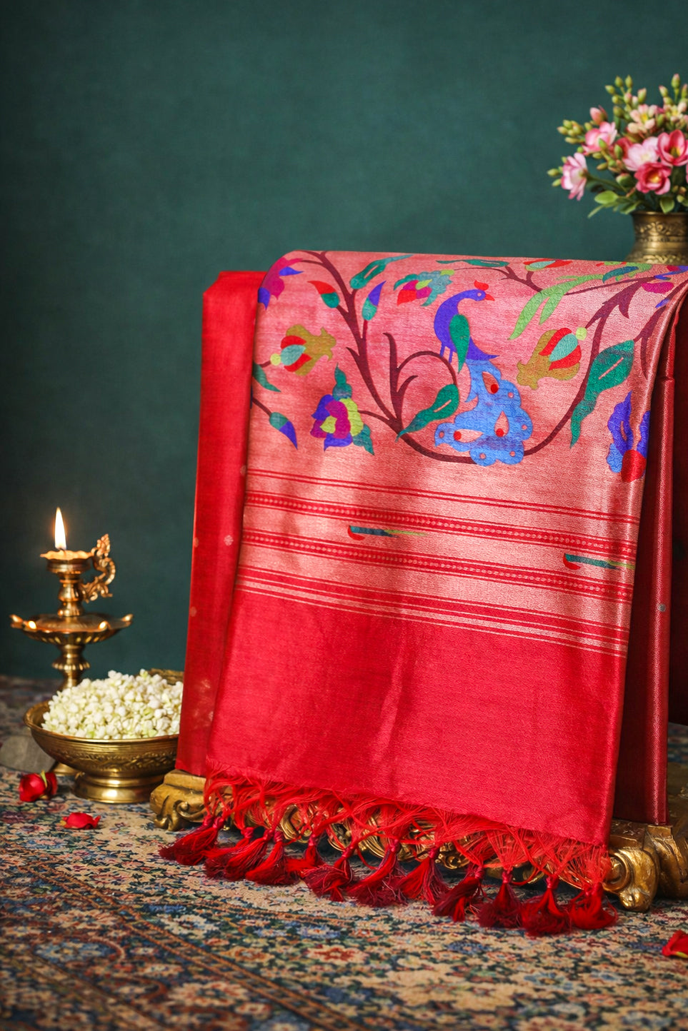 UTSAV BANARAS 205: Crimson Red Banarasi Paithani Silk Saree With Peacock Motif