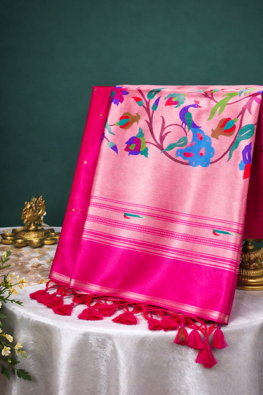 UTSAV BANARAS 252: Rani Pink Banarasi Paithani Silk Saree With Peacock Motif