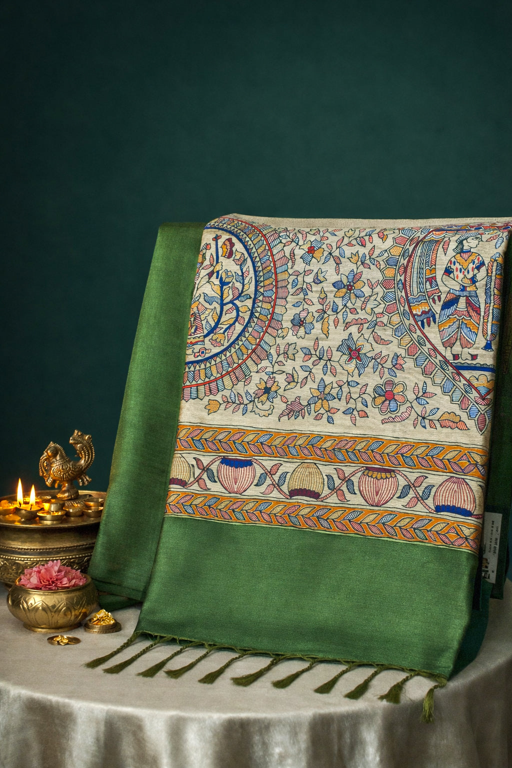 UTSAV BANARAS 227: Pistachio Green Banarasi Raw Silk Saree with Madhubani Print Palla & Zari Border