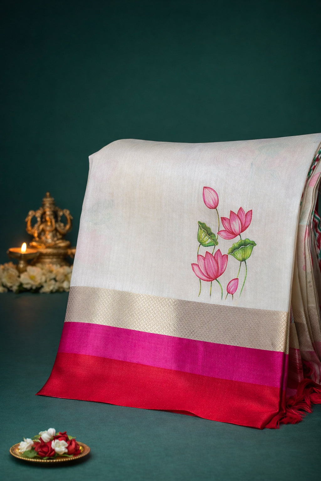 UTSAV BANARAS 297: Pearl White Banarasi Raw Silk Saree with Patola Print Palla