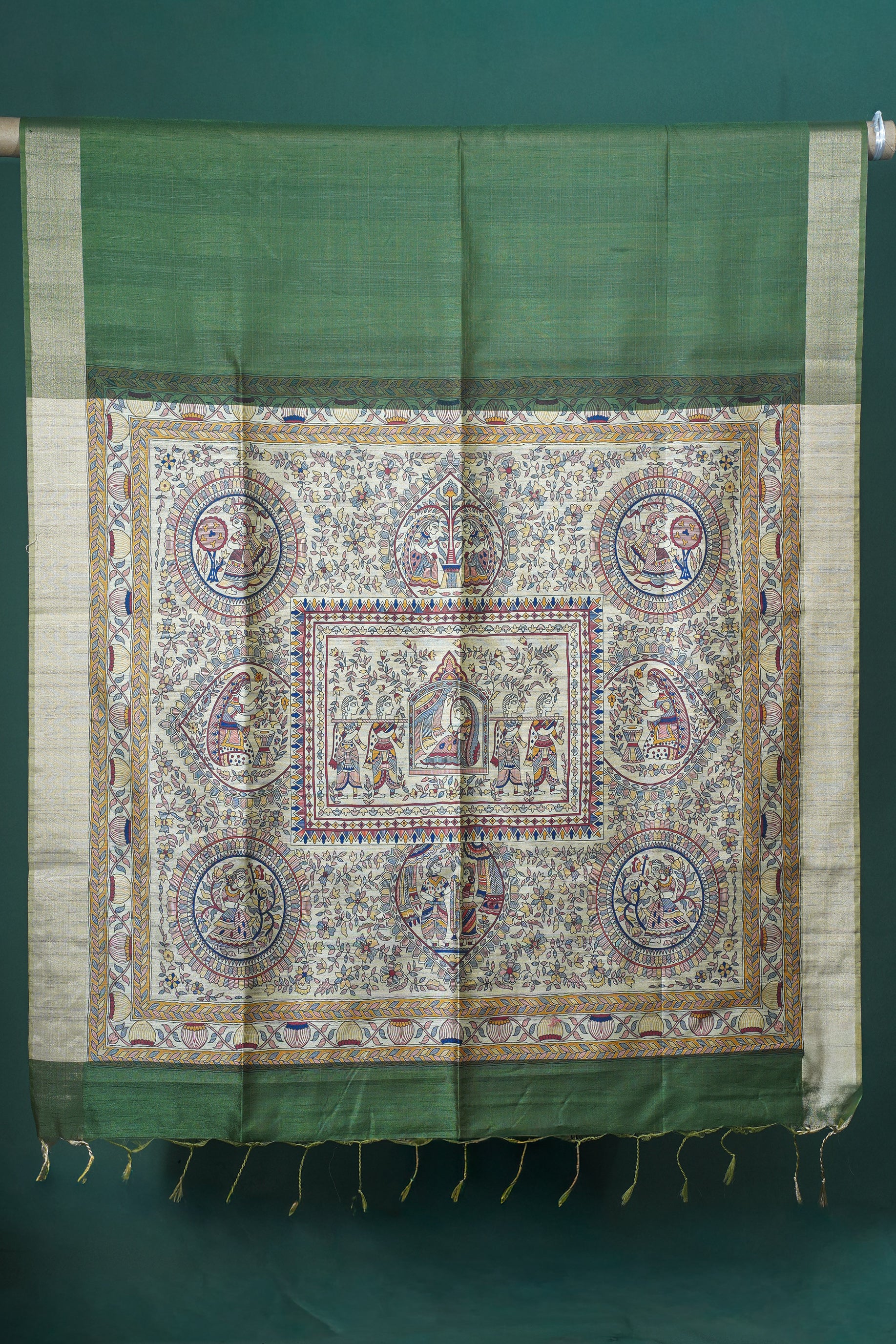 UTSAV BANARAS 227: Pistachio Green Banarasi Raw Silk Saree with Madhubani Print Palla & Zari Border
