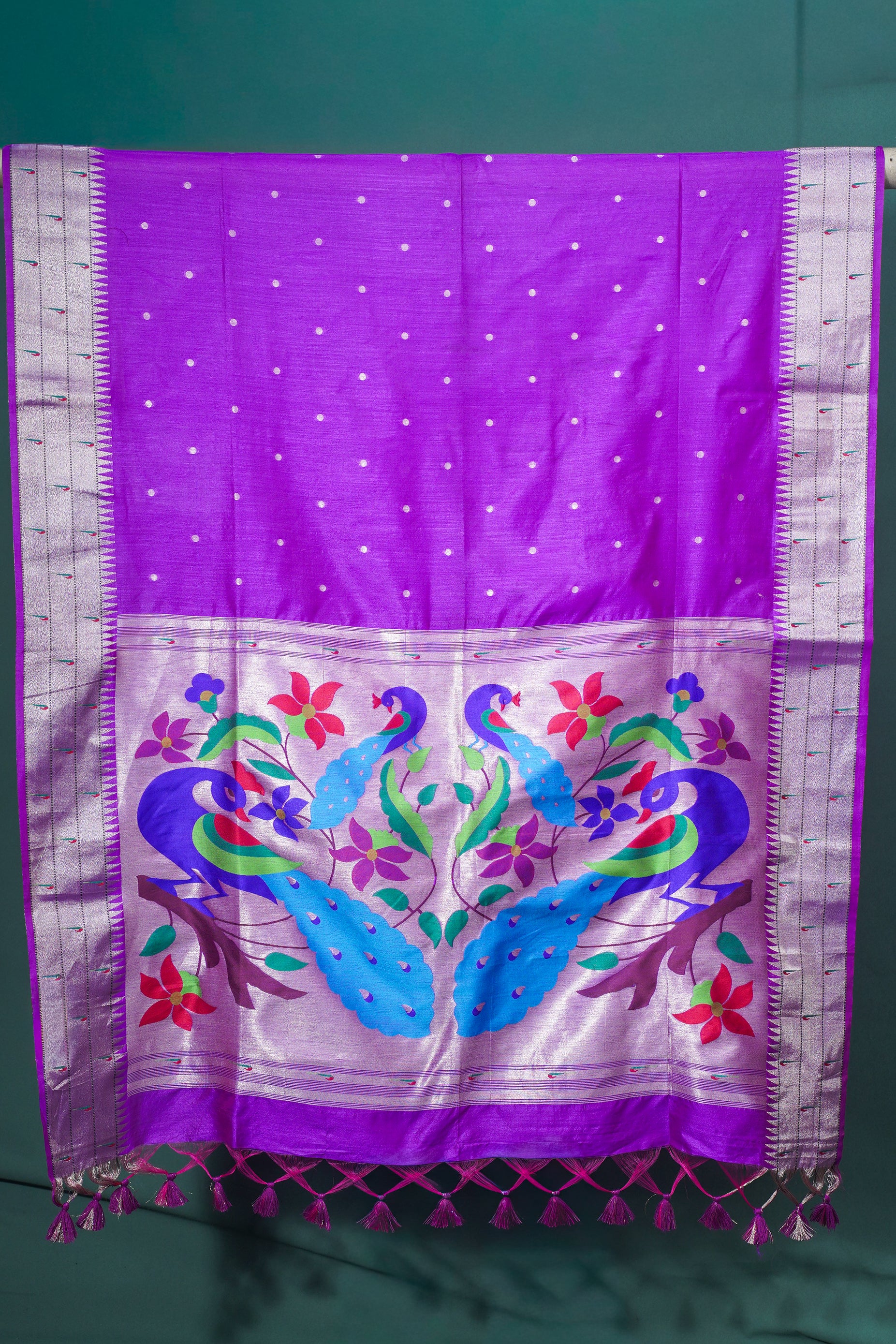 "UTSAV BANARAS 201: Magenta Banarasi Paithani Silk Saree With Peacock Motif