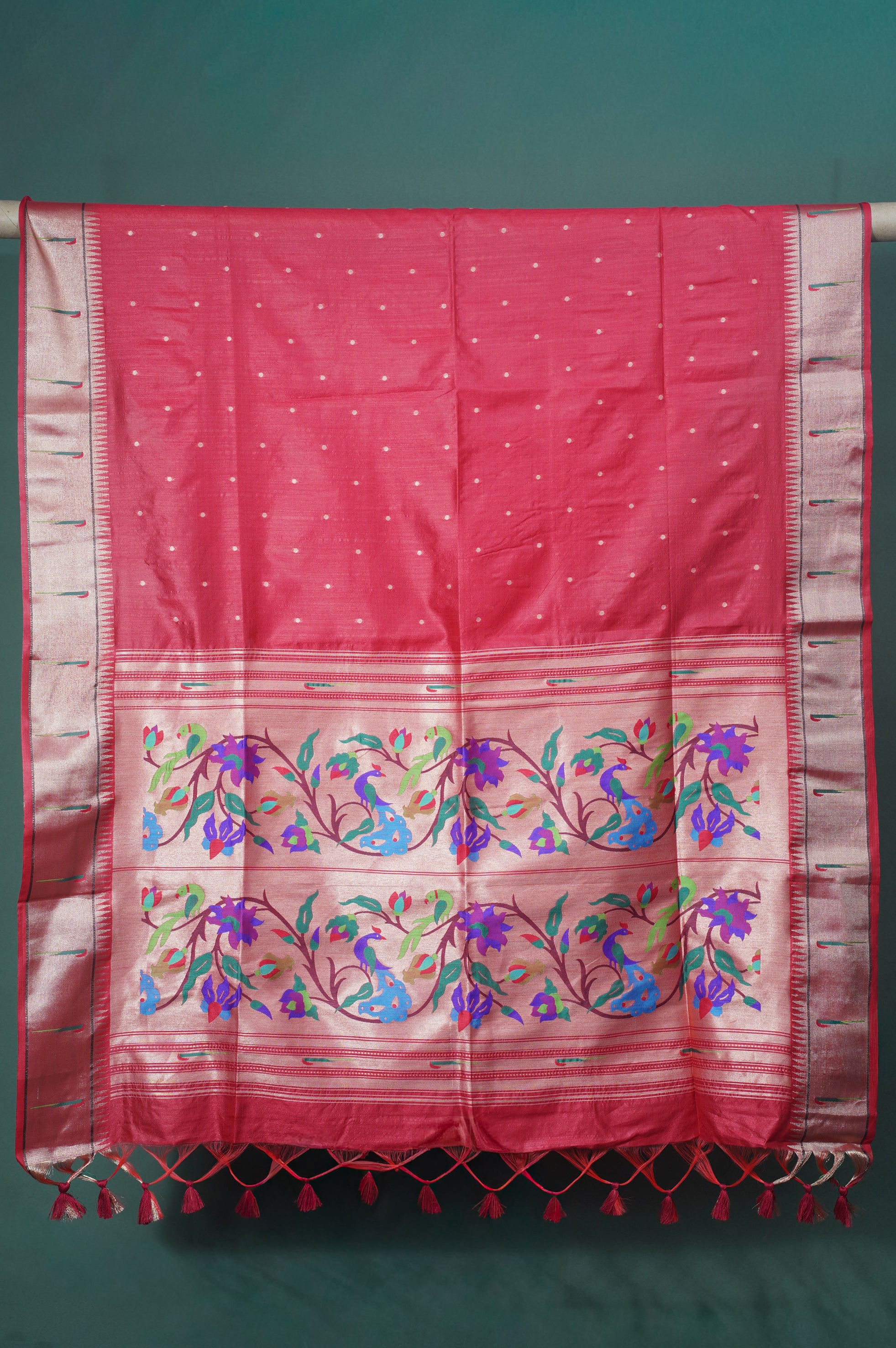 UTSAV BANARAS 205: Crimson Red Banarasi Paithani Silk Saree With Peacock Motif