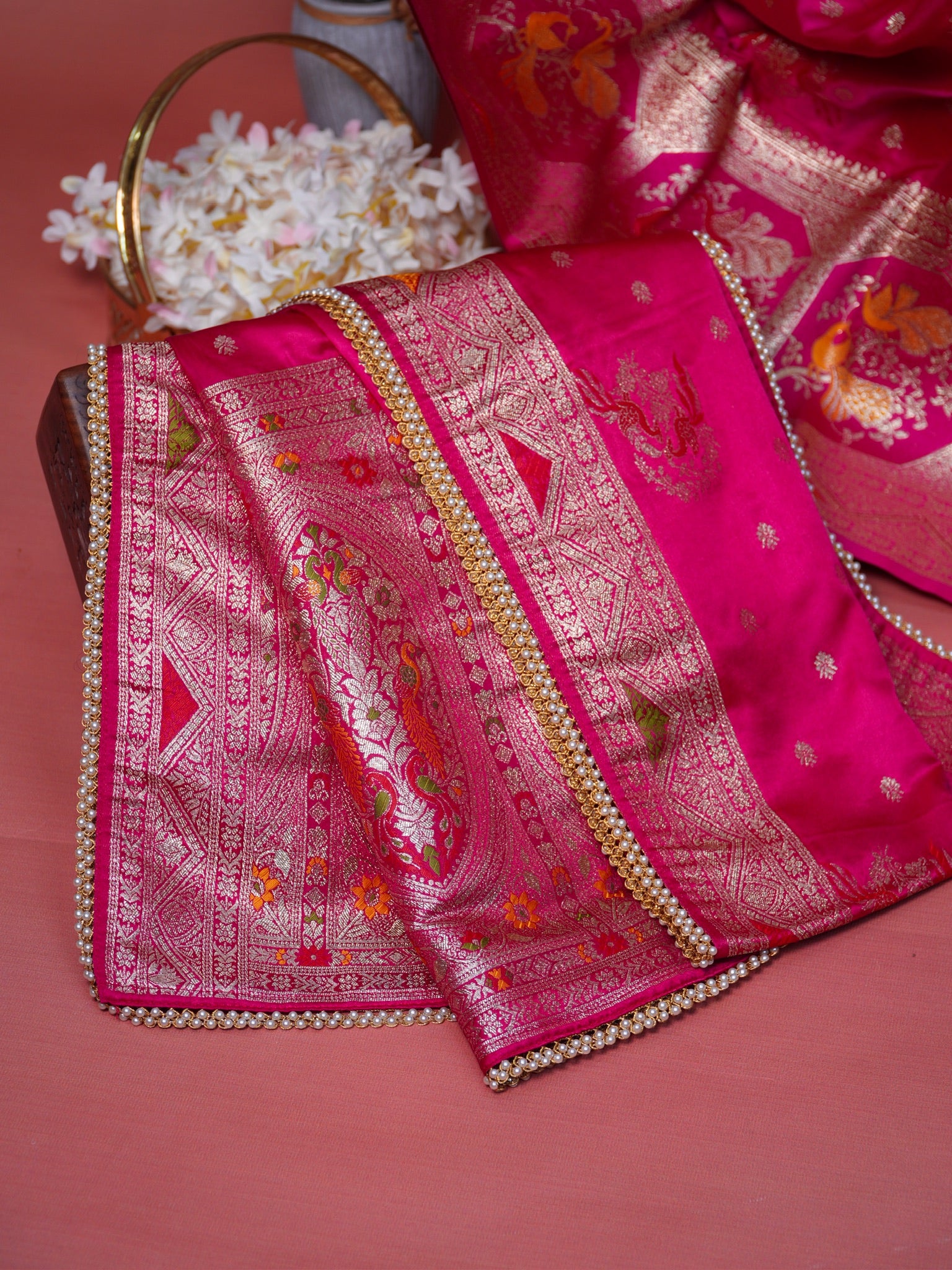 UTSAV BANARAS 422: Dulhan Rani Pink Satin Mashru Valkalam Saree with Meenakari Floral Border & Matching Dupatta
