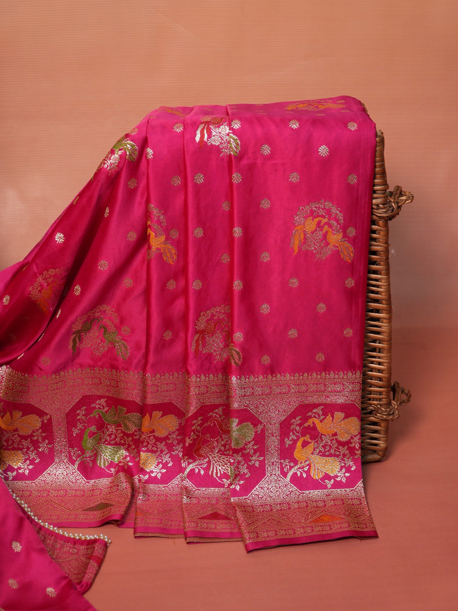 UTSAV BANARAS 422: Dulhan Rani Pink Satin Mashru Valkalam Saree with Meenakari Floral Border & Matching Dupatta
