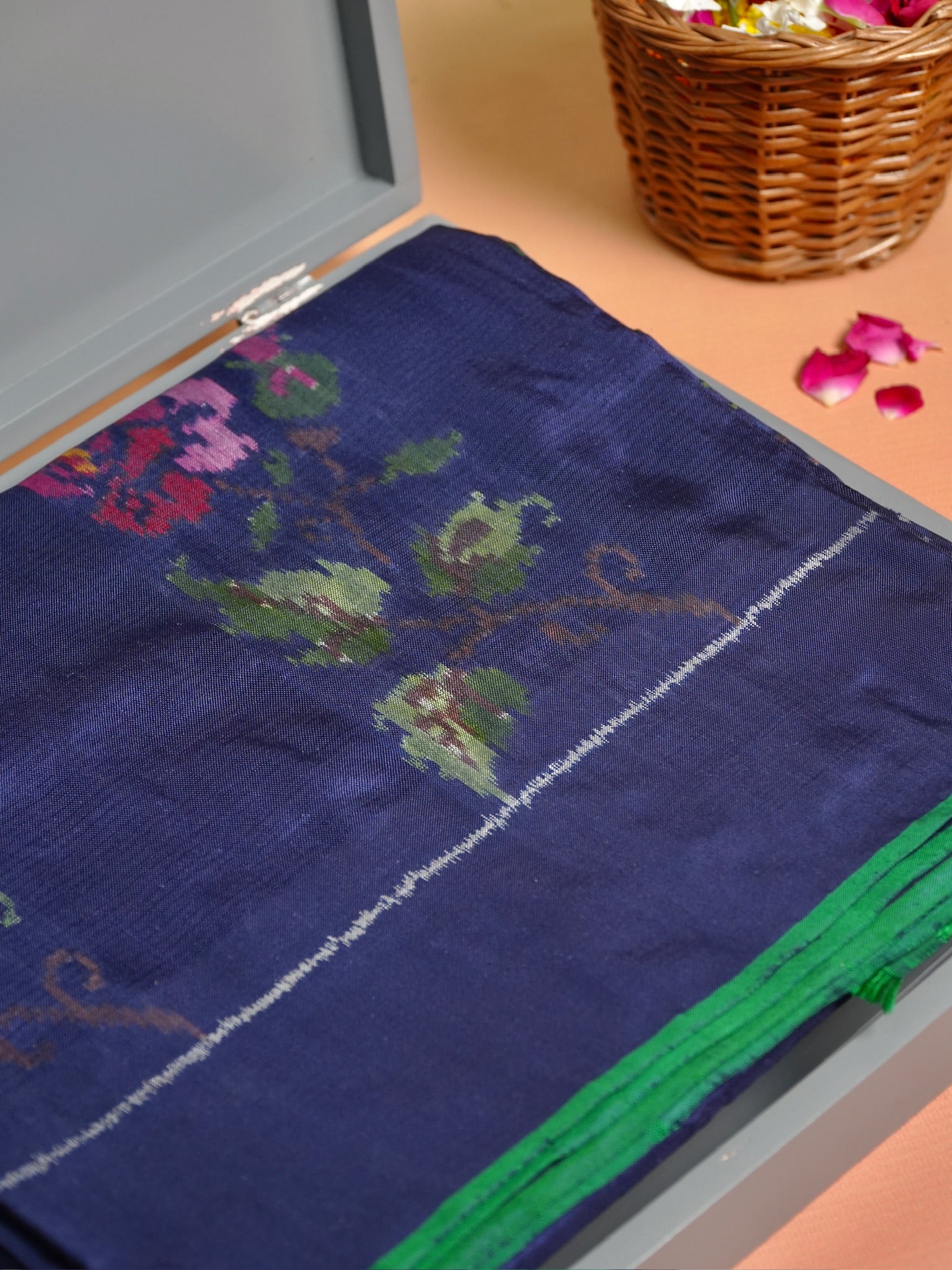 Founder Choice 073: Pure Katan Patola Ikkat Handloom Silk Saree in Indigo Blue
