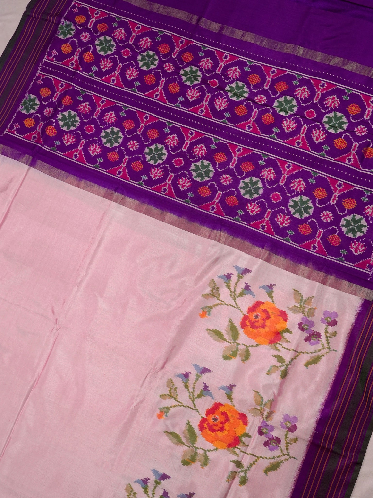 Founder Choice 071: Pure Katan Patola Ikkat Handloom Silk Saree in Lotus Pink