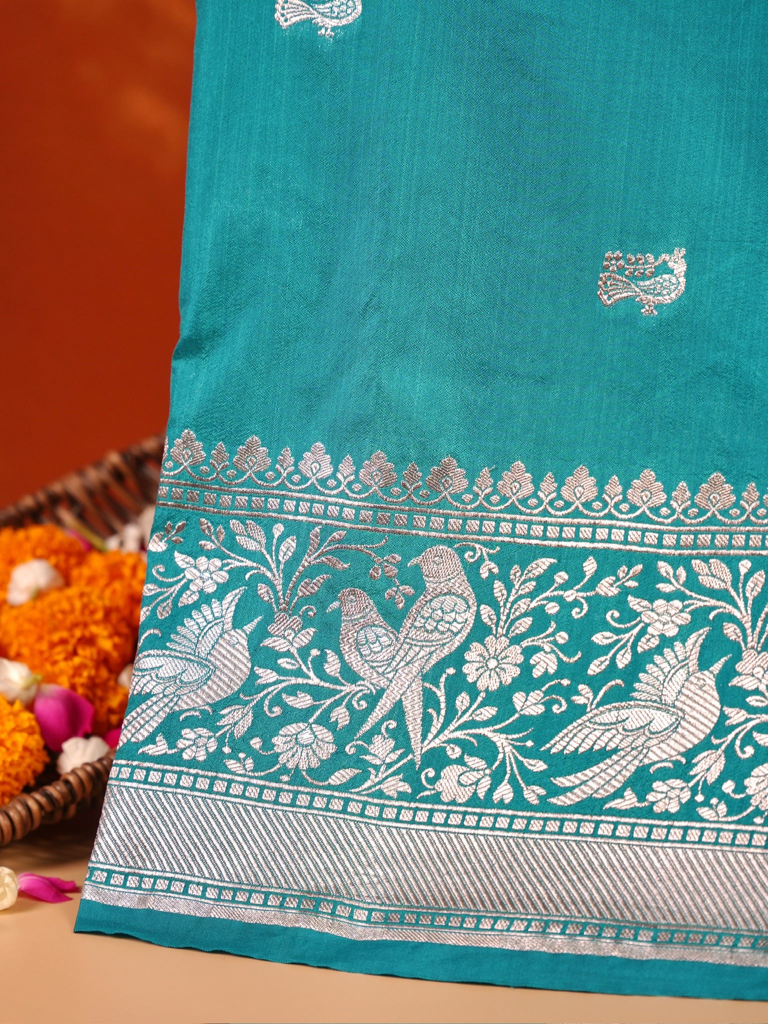 Waah Banaras 181: Sea Green Semi Katan Silk Saree With Beautiful Bird Border