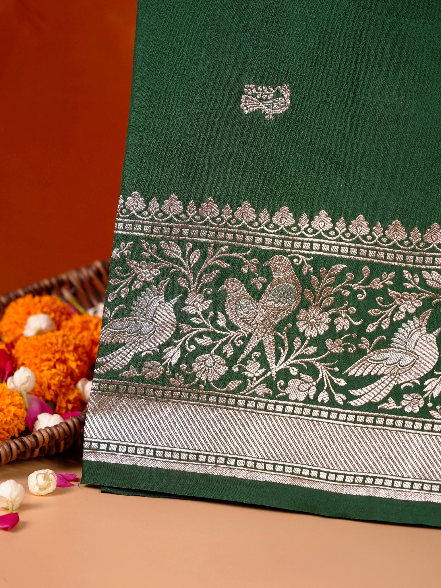 Waah Banaras 181D: Bottle Green Semi Katan Silk Saree With Beautiful Bird Border