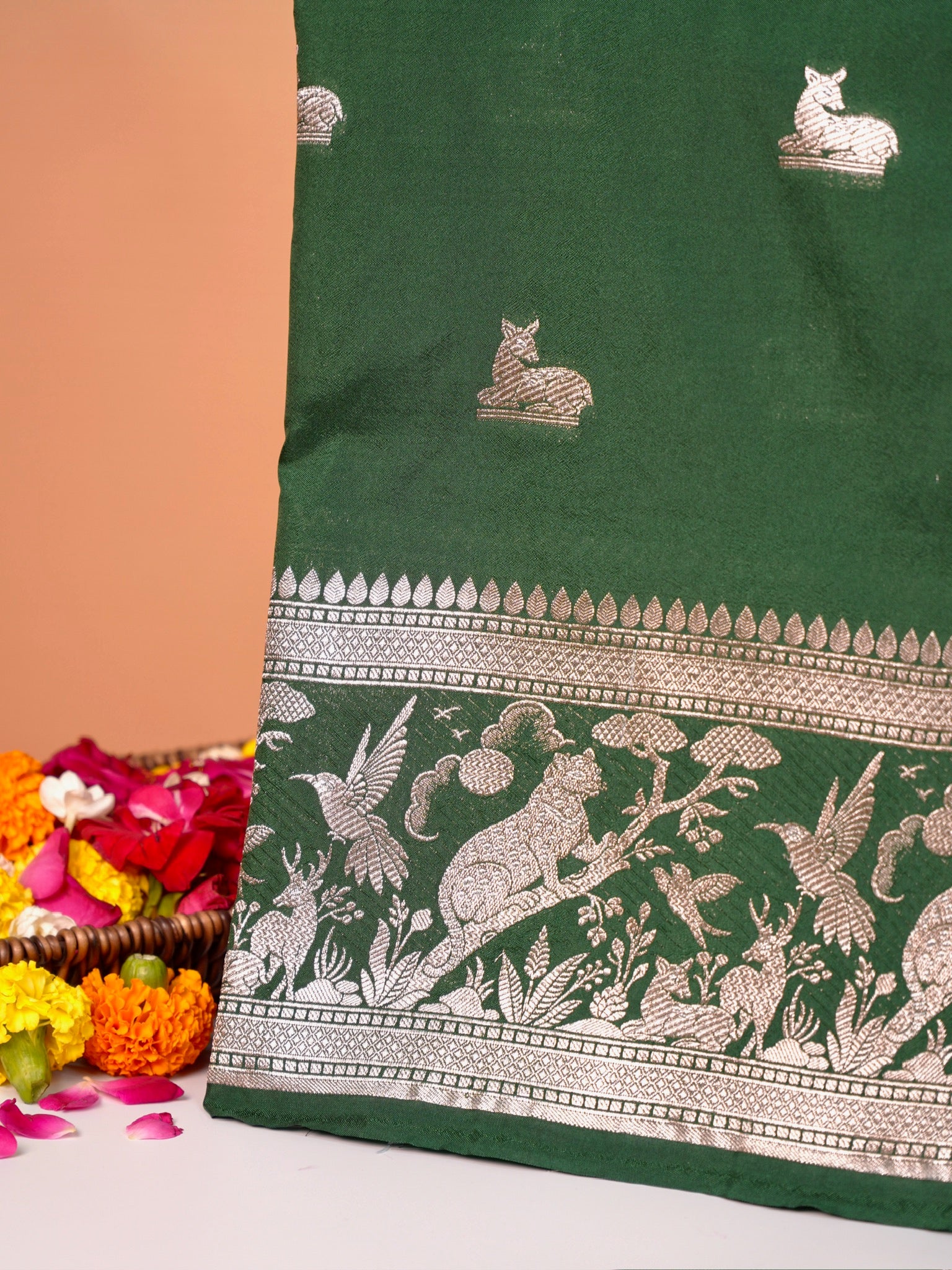 Waah Banaras 180D: Pine green Semi Katan Silk Saree With Beautiful Bird Border