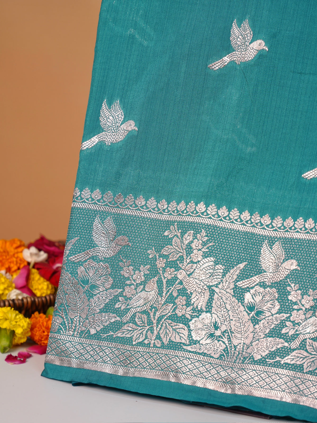 Waah Banaras 182A: Turquoise Blue Semi Katan Silk Saree With Beautiful Bird Border