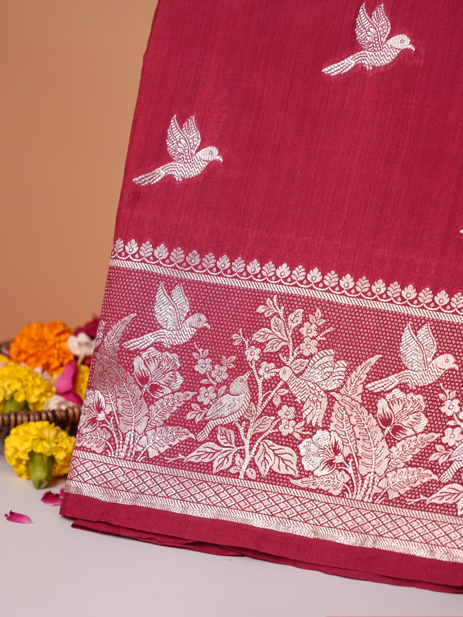 Waah Banaras 182D: Crimson Maroon Semi Katan Silk Saree With Beautiful Bird Border