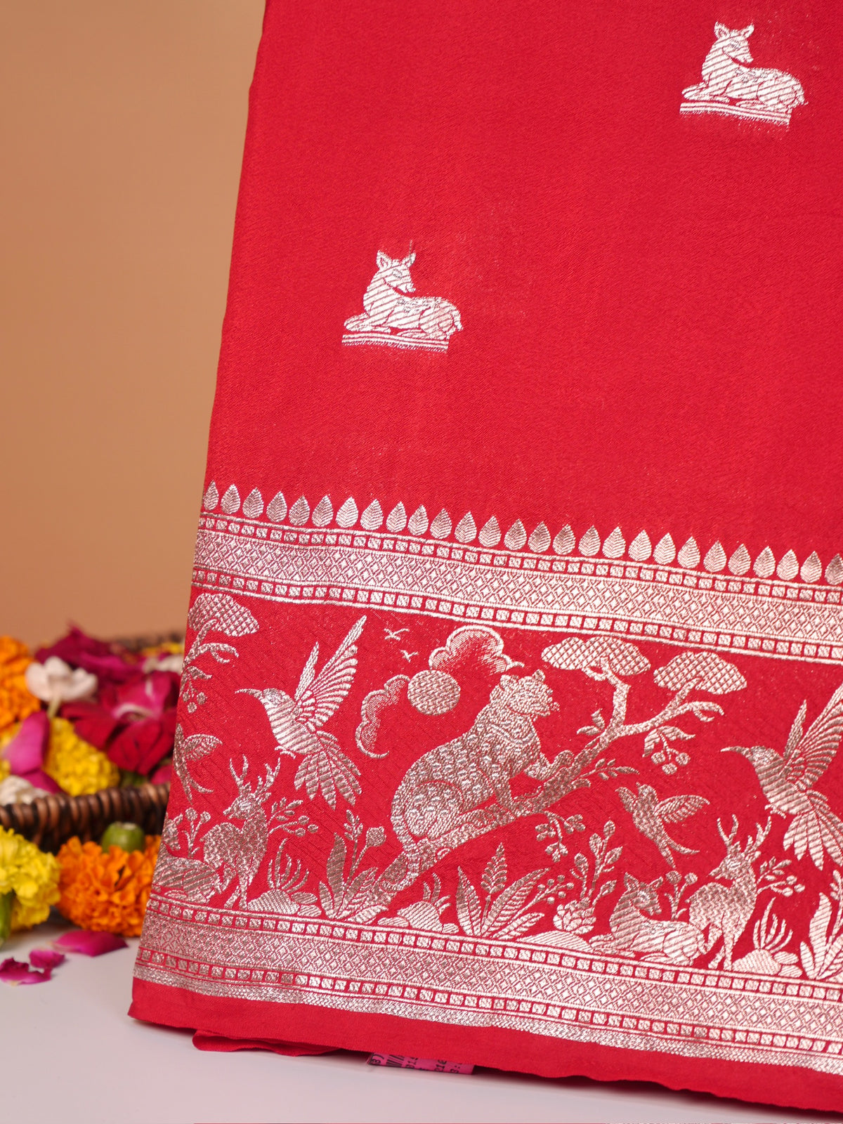 Waah Banaras 180B: Rich Red Semi Katan Silk Saree With Beautiful Bird Border