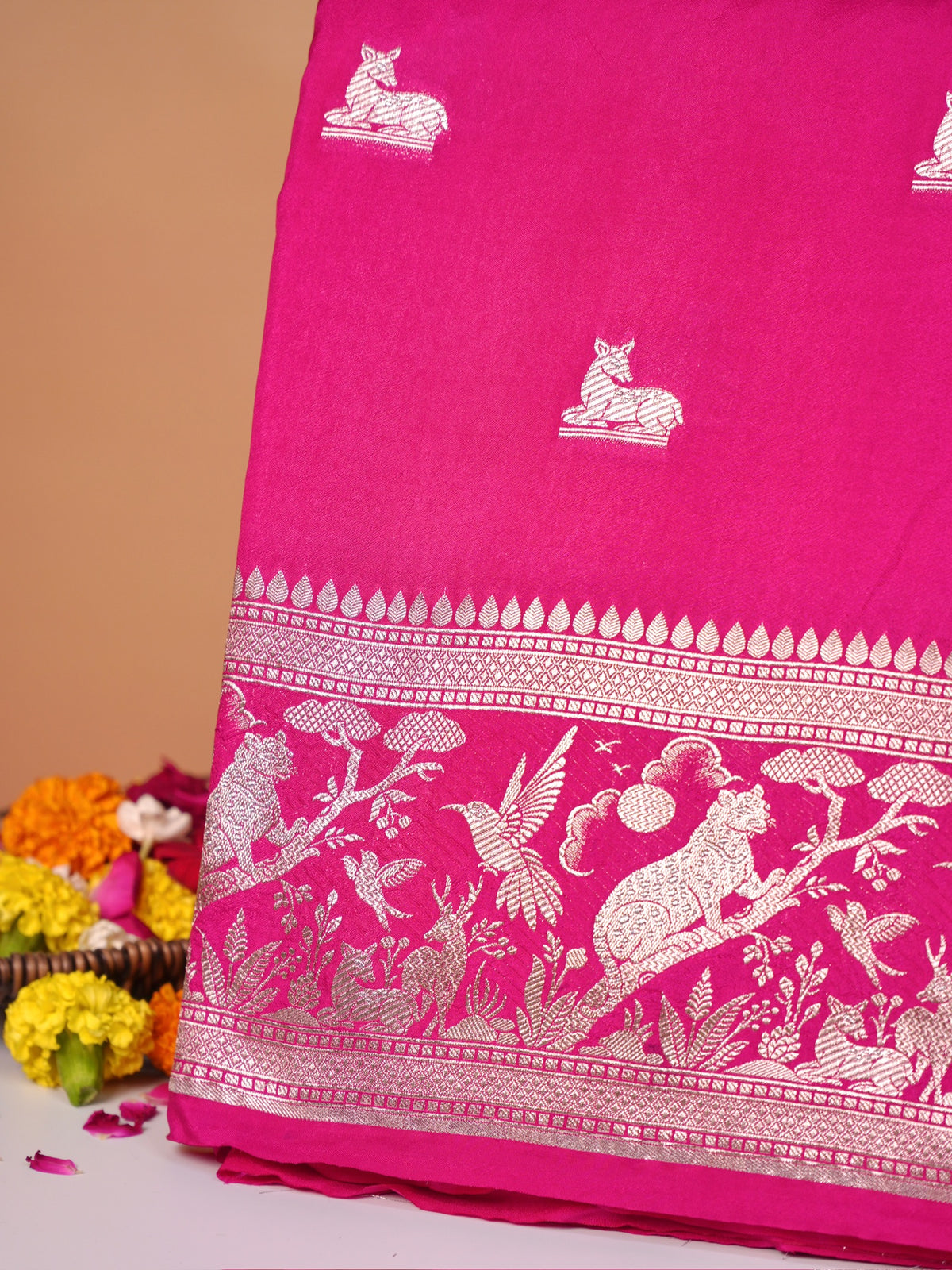 Waah Banaras 180: Rich Rani Semi Katan Silk Saree With Beautiful Bird Border