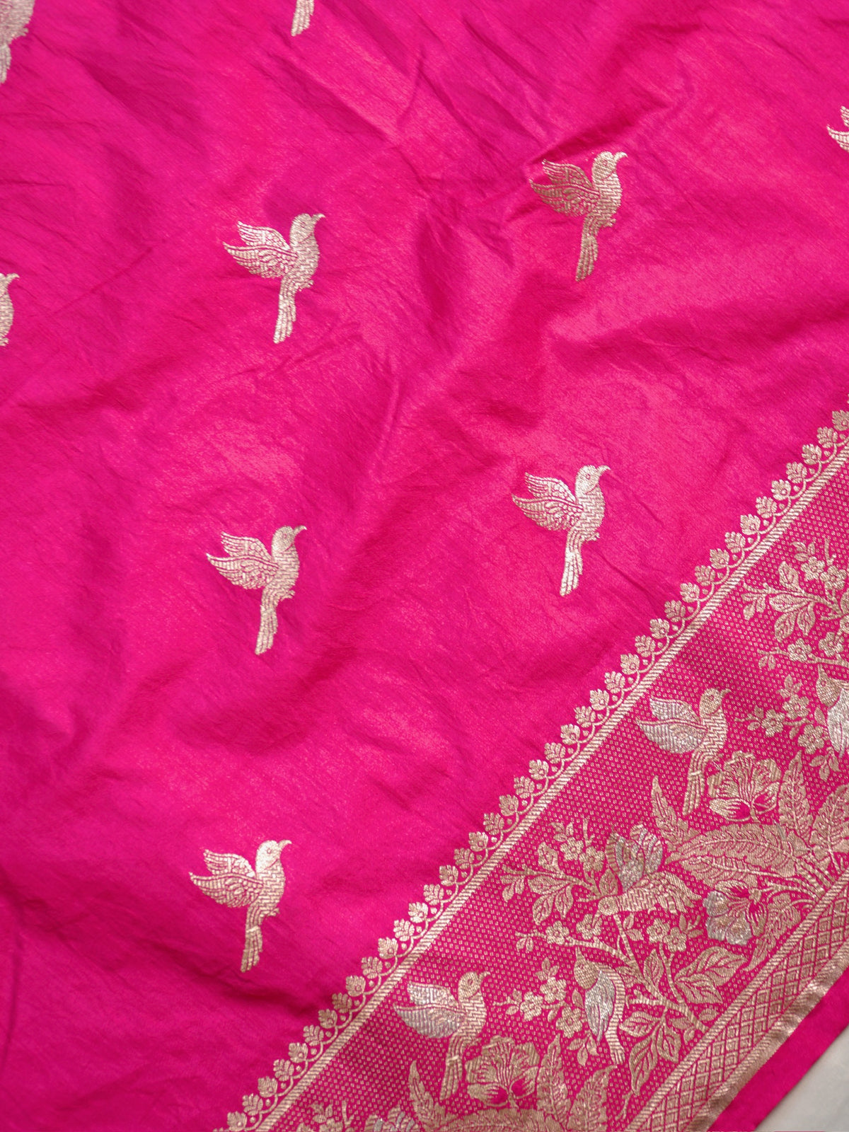 Waah Banaras 182B: Fuchsia Pink Semi Katan Silk Saree With Beautiful Bird Border