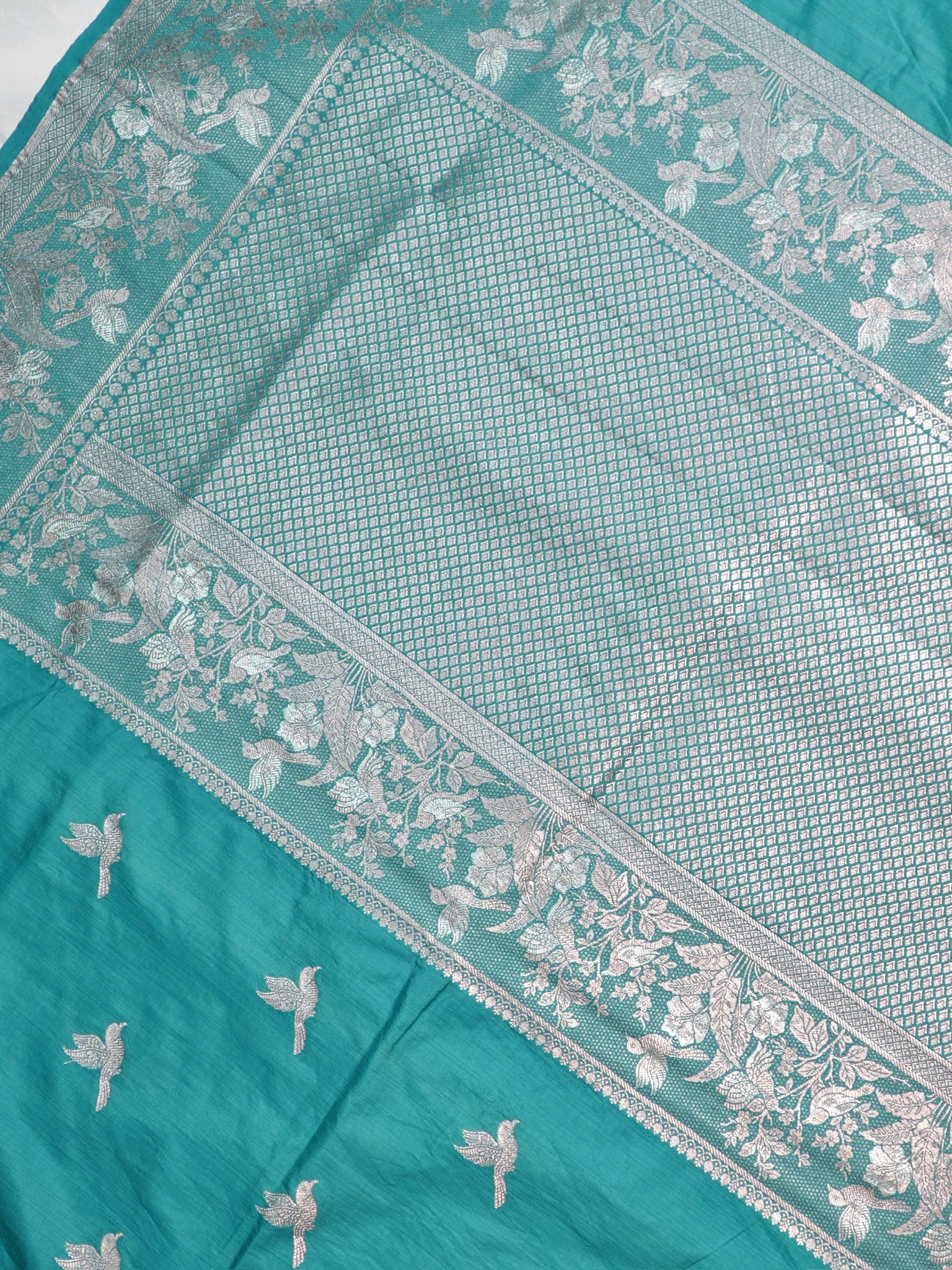Waah Banaras 182A: Turquoise Blue Semi Katan Silk Saree With Beautiful Bird Border