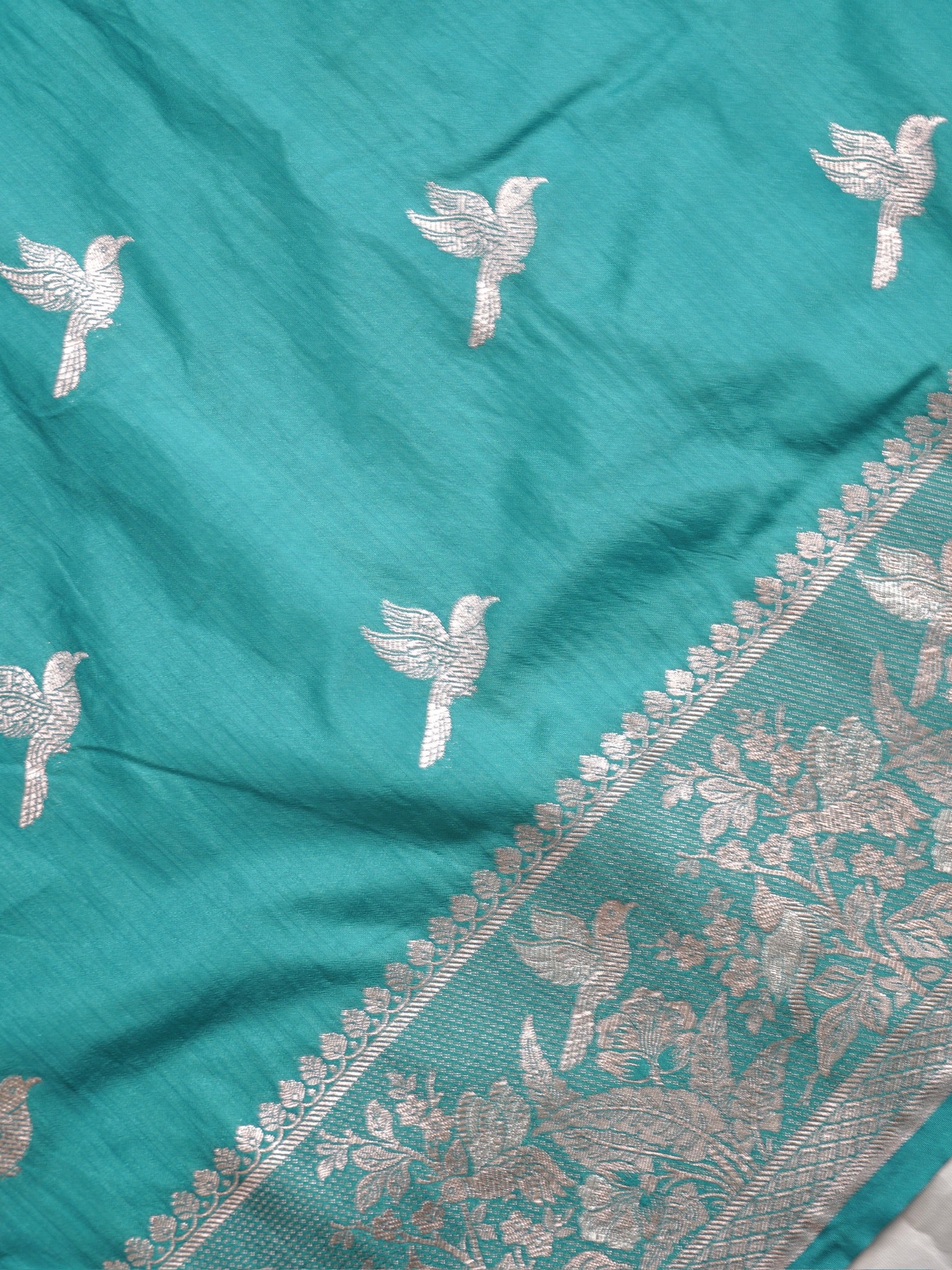 Waah Banaras 182A: Turquoise Blue Semi Katan Silk Saree With Beautiful Bird Border