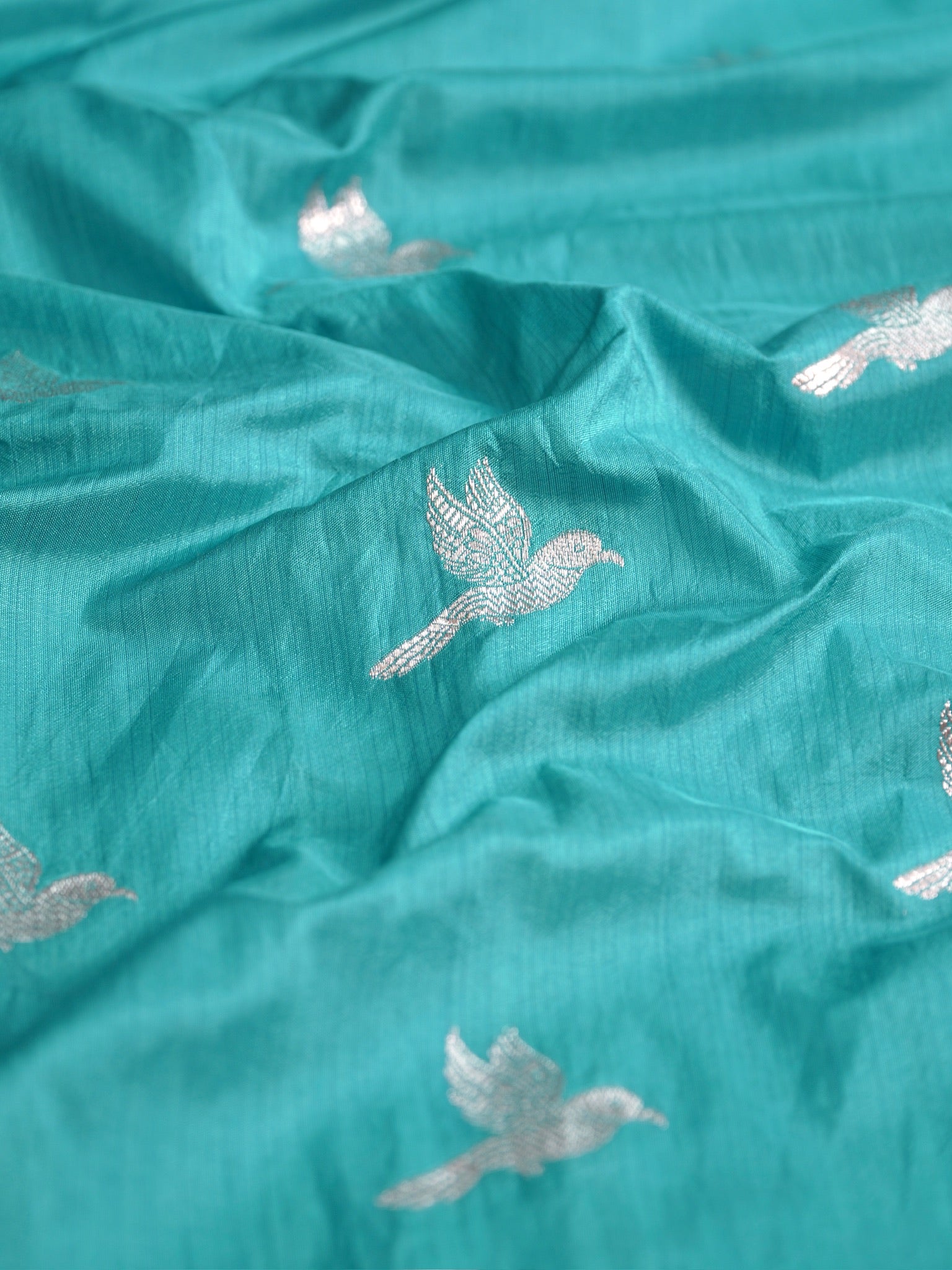 Waah Banaras 182A: Turquoise Blue Semi Katan Silk Saree With Beautiful Bird Border