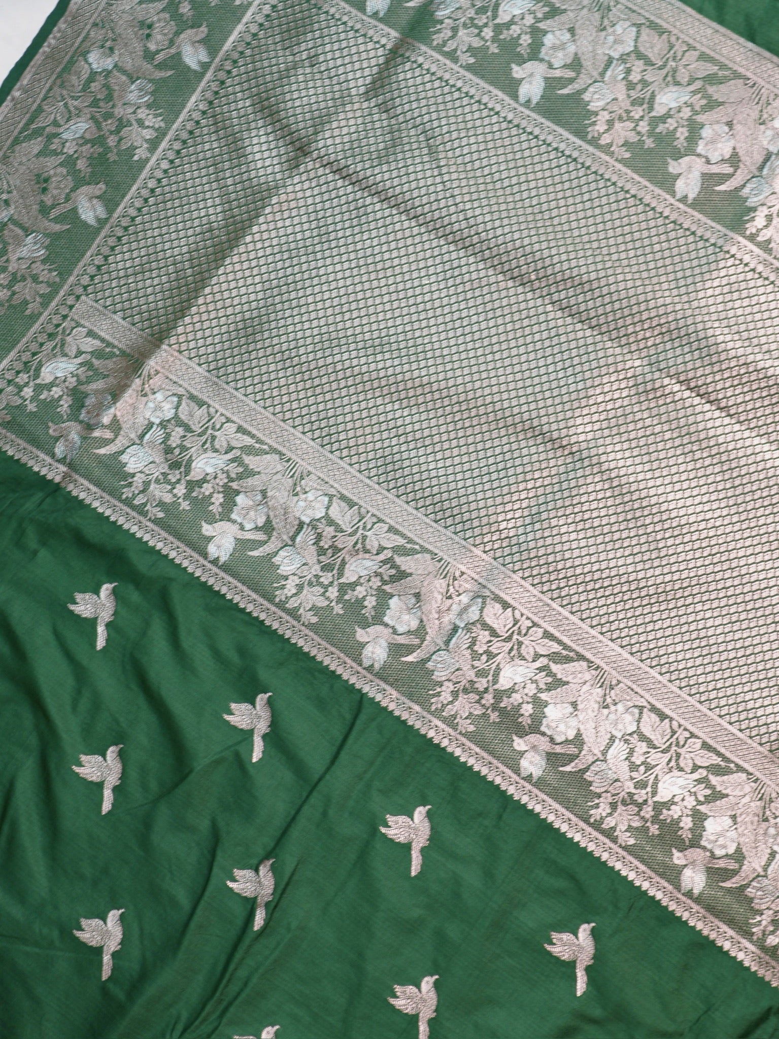 Waah Banaras 182C: Rifle green Semi Katan Silk Saree With Beautiful Bird Border