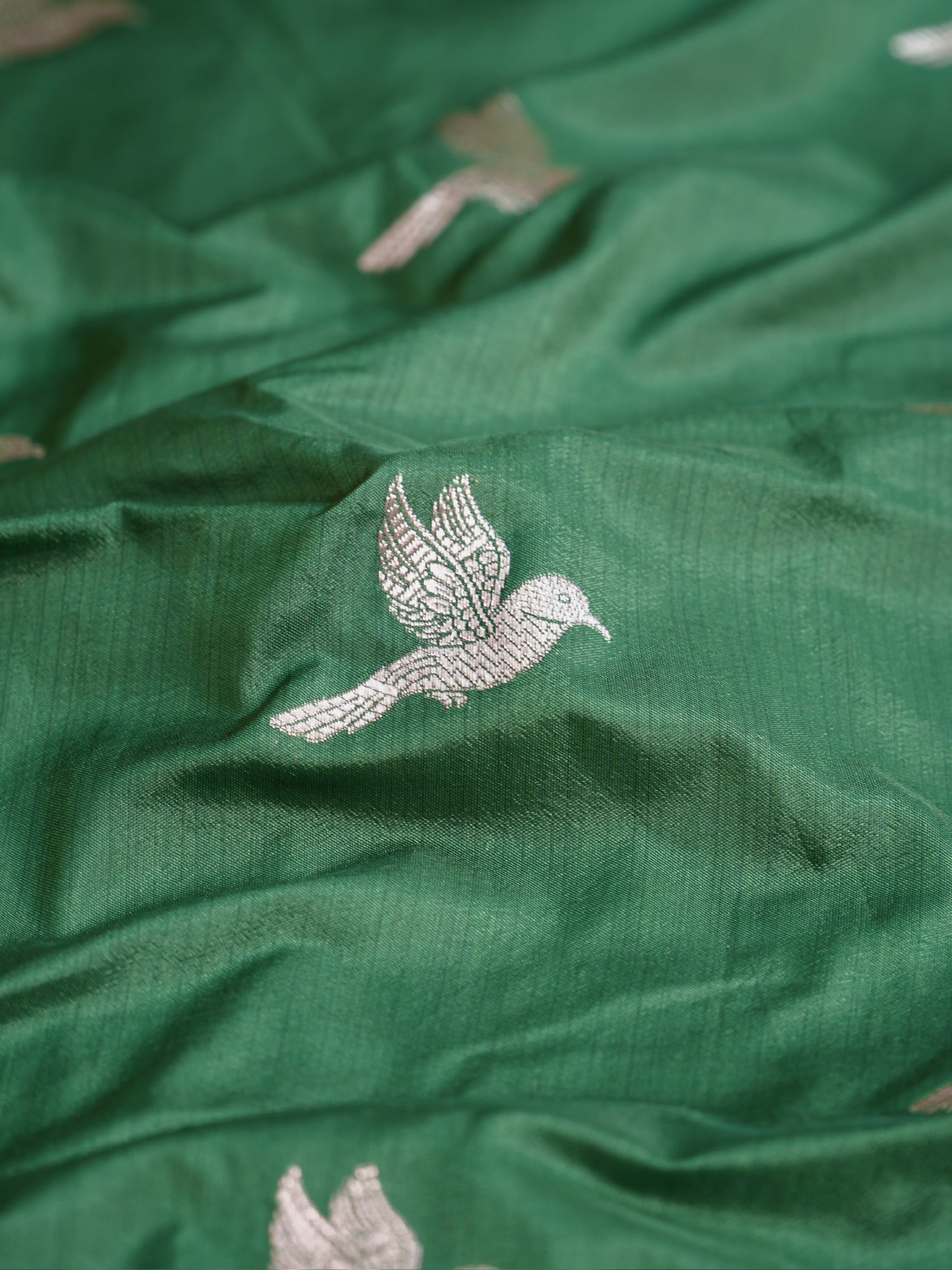 Waah Banaras 182C: Rifle green Semi Katan Silk Saree With Beautiful Bird Border