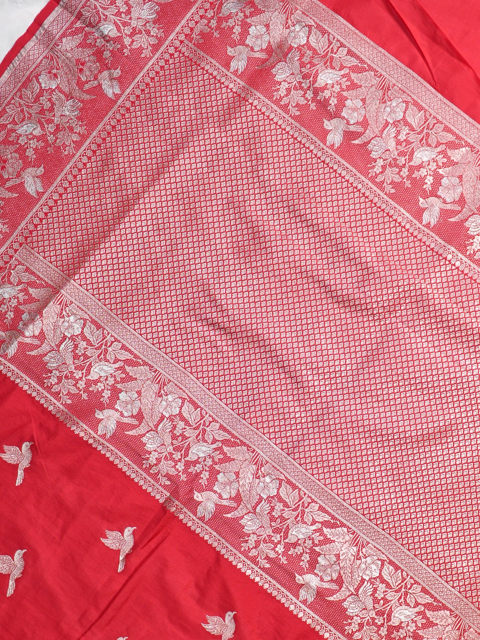 Waah Banaras 182: Royal Red Semi Katan Silk Saree With Beautiful Bird Border