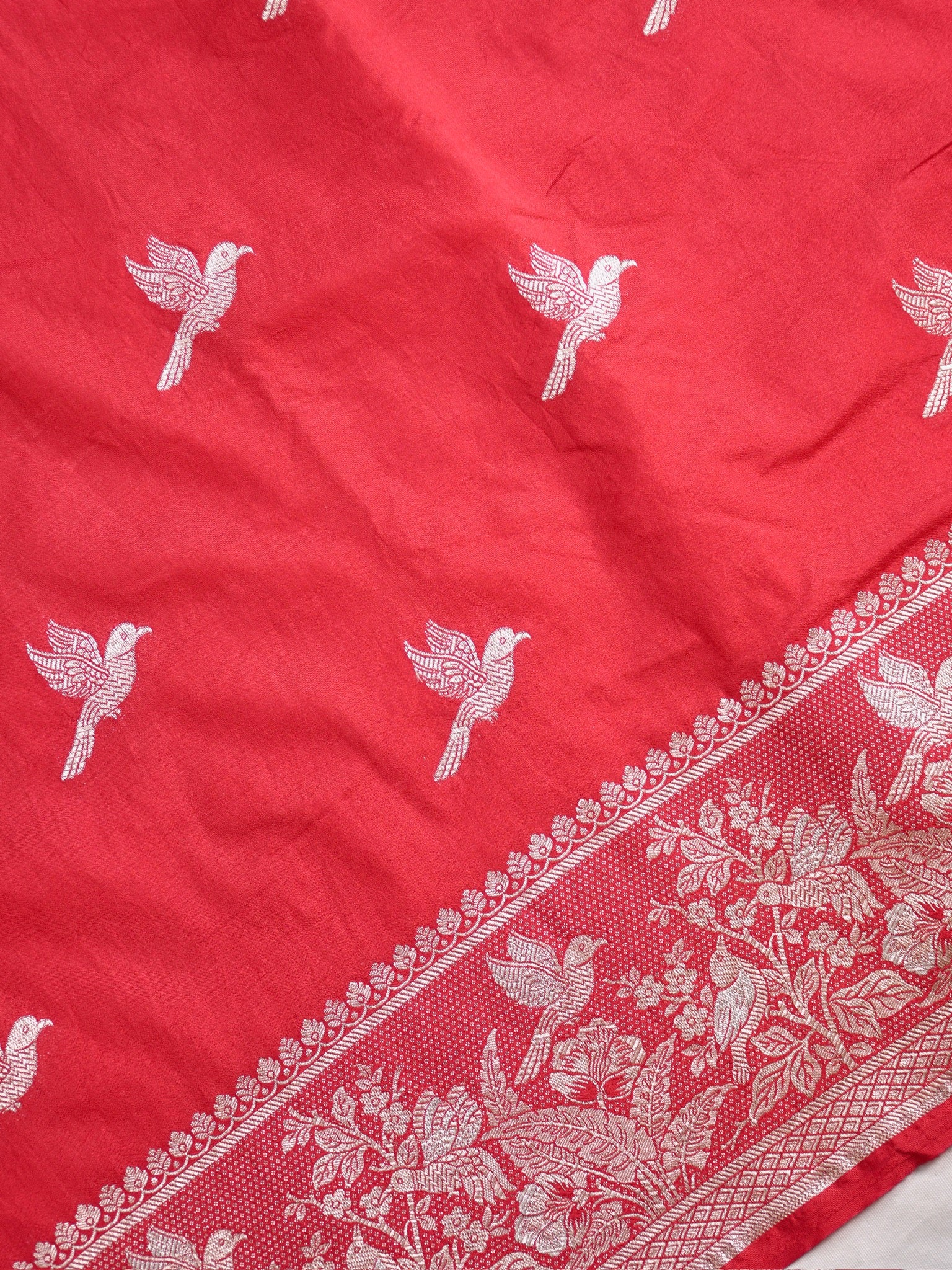 Waah Banaras 182: Royal Red Semi Katan Silk Saree With Beautiful Bird Border