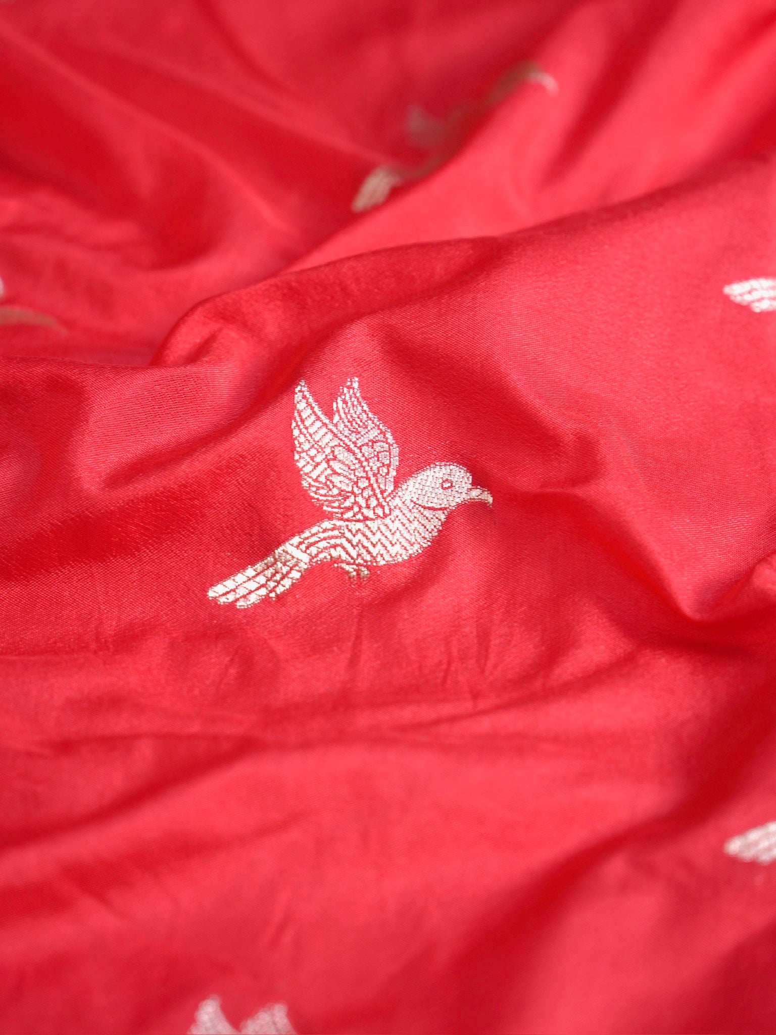 Waah Banaras 182: Royal Red Semi Katan Silk Saree With Beautiful Bird Border