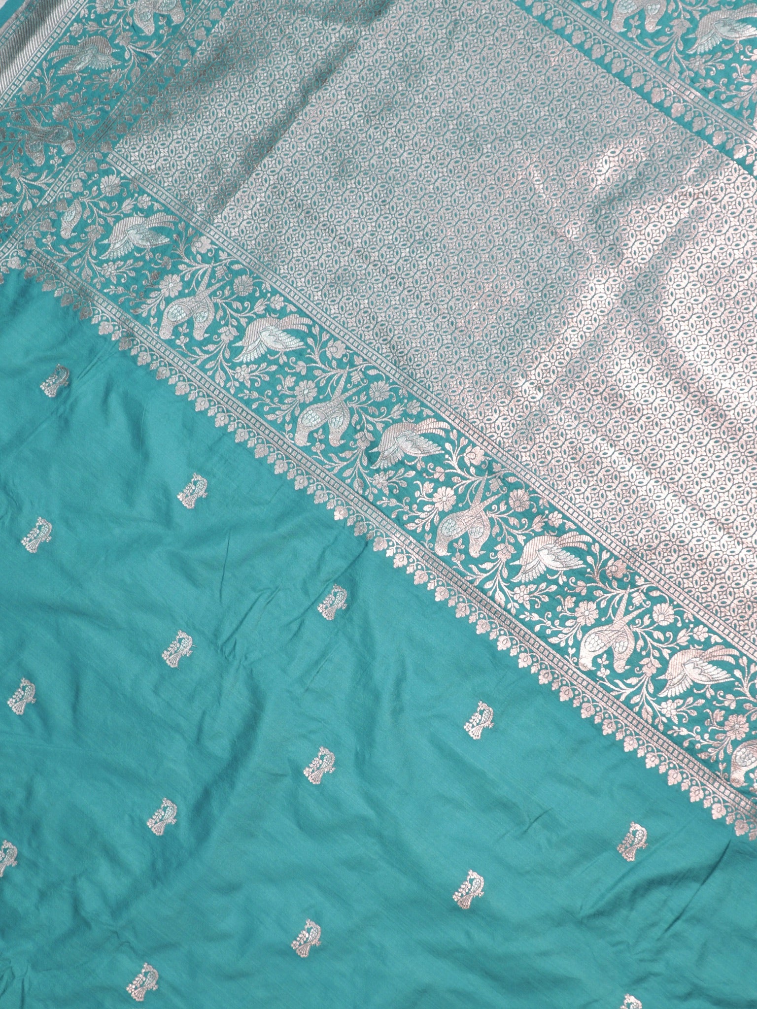 Waah Banaras 181: Sea Green Semi Katan Silk Saree With Beautiful Bird Border