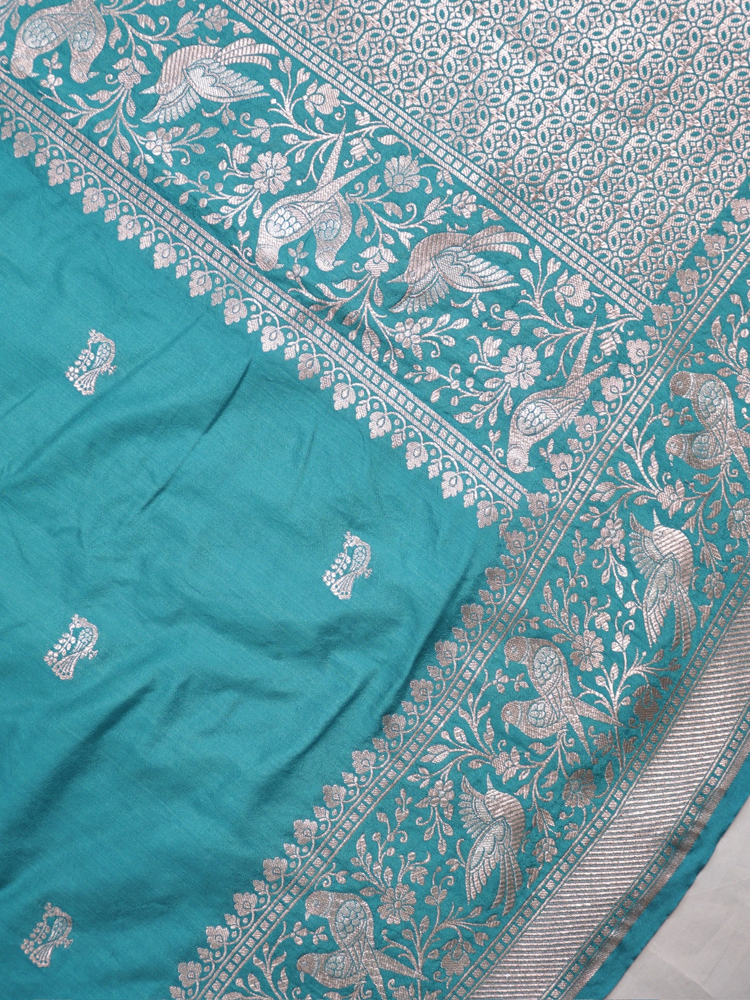 Waah Banaras 181: Sea Green Semi Katan Silk Saree With Beautiful Bird Border