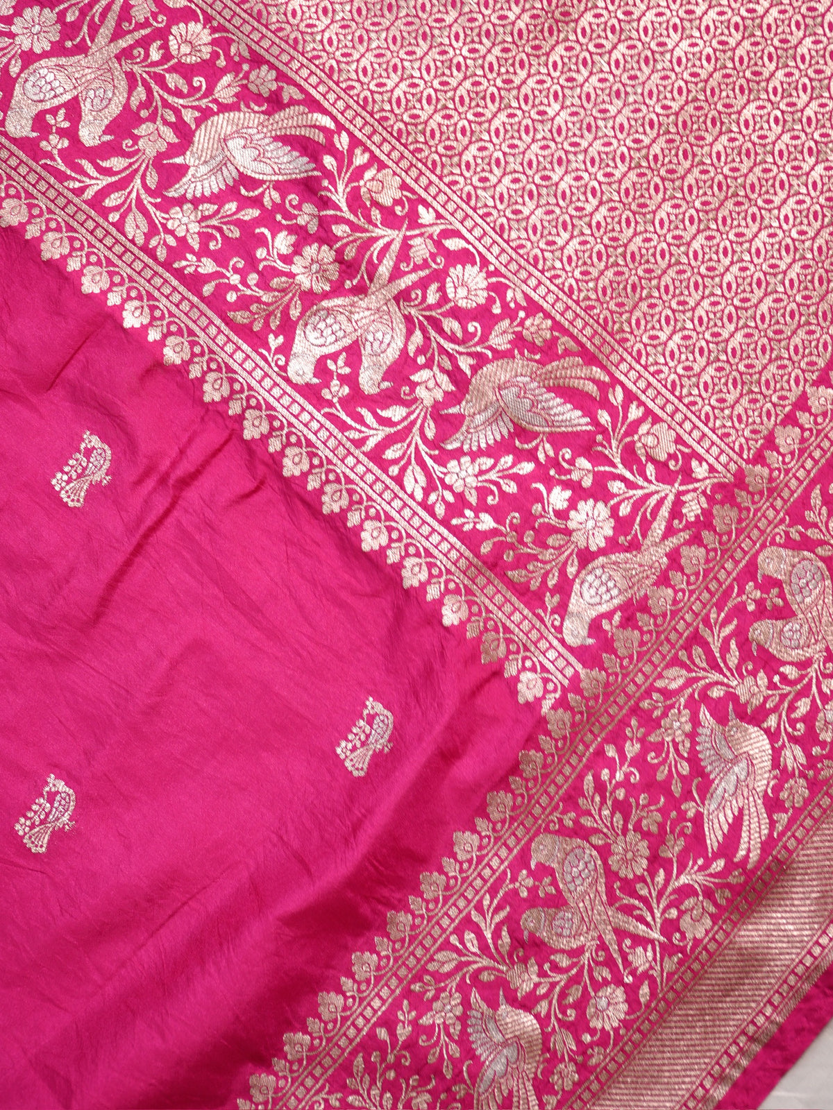 Waah Banaras 181C: Regal Rani Pink Semi Katan Silk Saree With Beautiful Bird Border