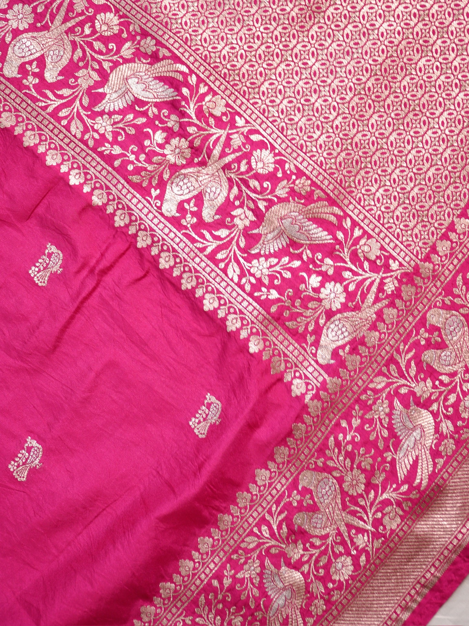 Waah Banaras 181C: Regal Rani Pink Semi Katan Silk Saree With Beautiful Bird Border