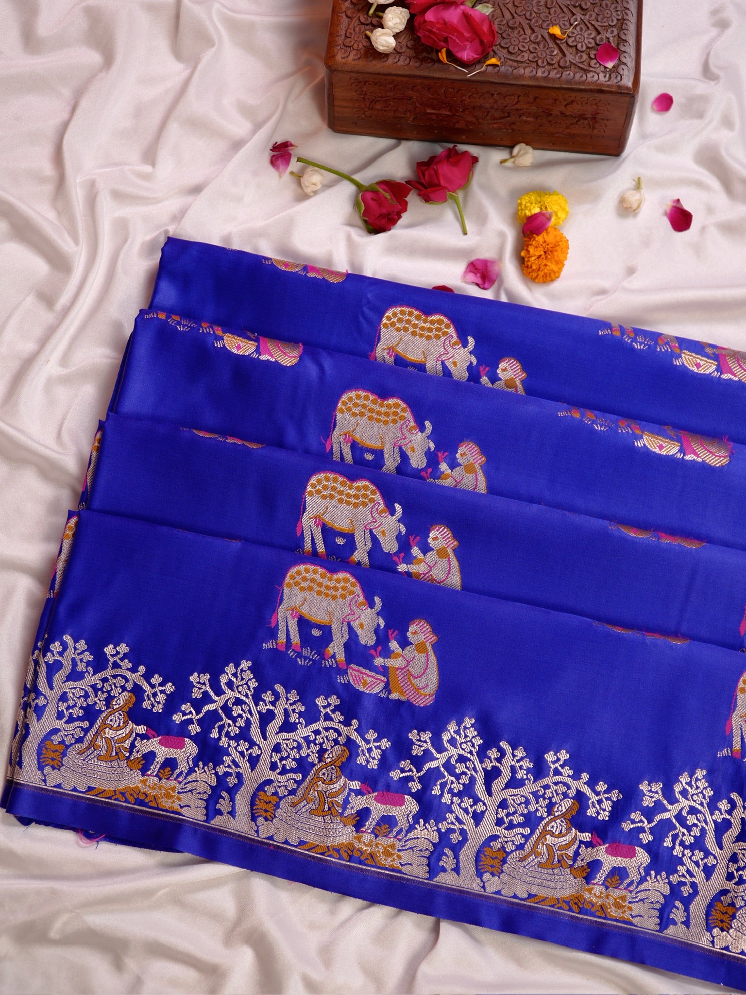 Waah Banaras 172A: Royal Blue Satin Banarasi Silk Saree with Meenakari Animal Motifs