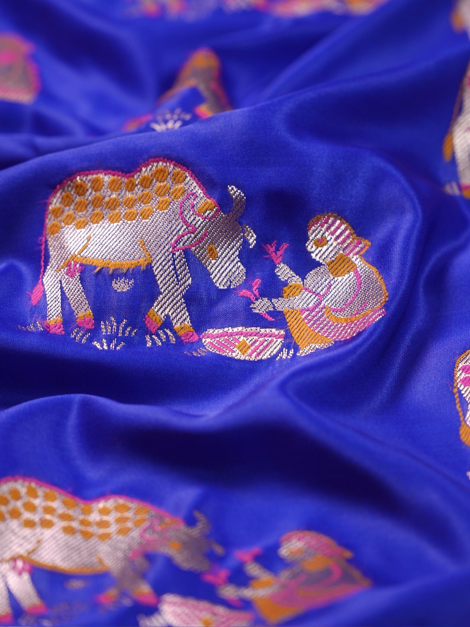 Waah Banaras 172A: Royal Blue Satin Banarasi Silk Saree with Meenakari Animal Motifs
