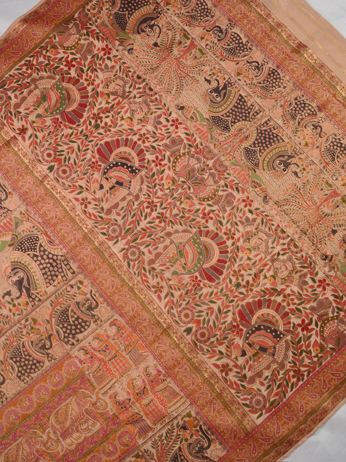 WAAH BANARAS 082: Beige Artistic Kalamkari Inspired Georgette Saree with Peacock & Floral Prints