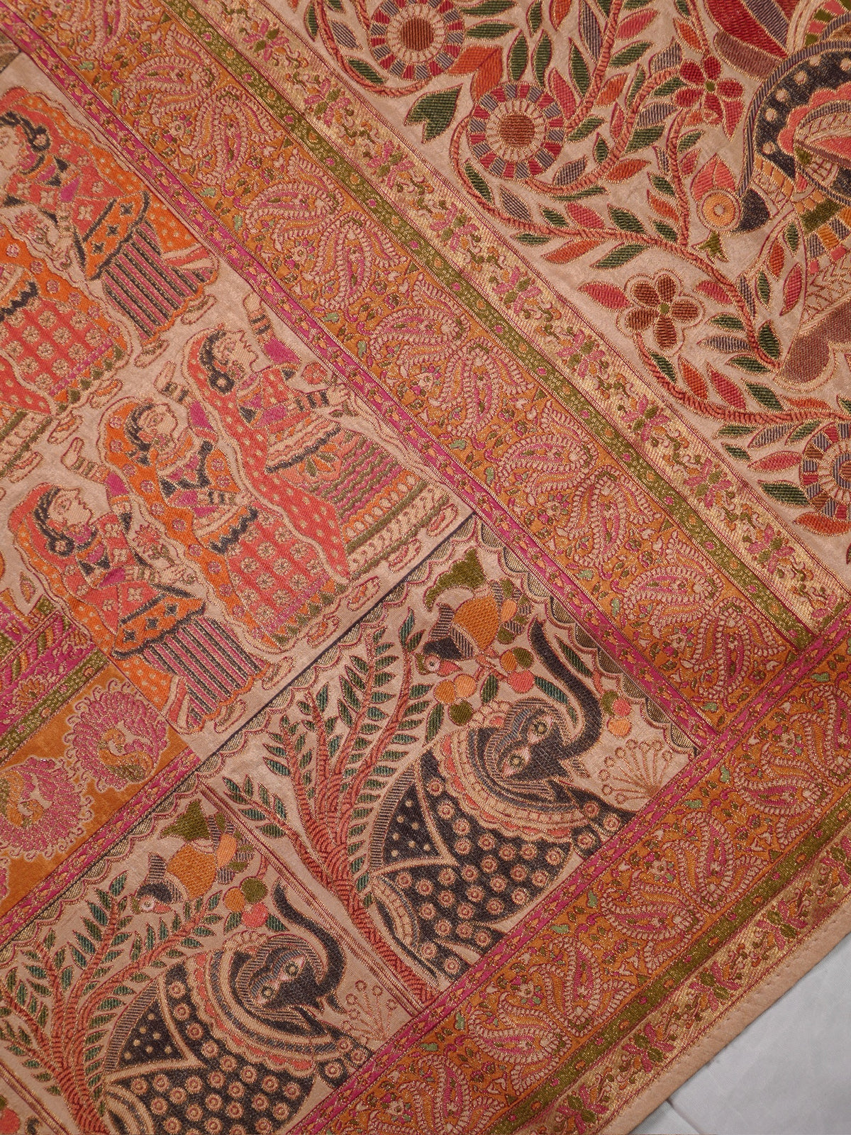 WAAH BANARAS 082: Beige Artistic Kalamkari Inspired Georgette Saree with Peacock & Floral Prints