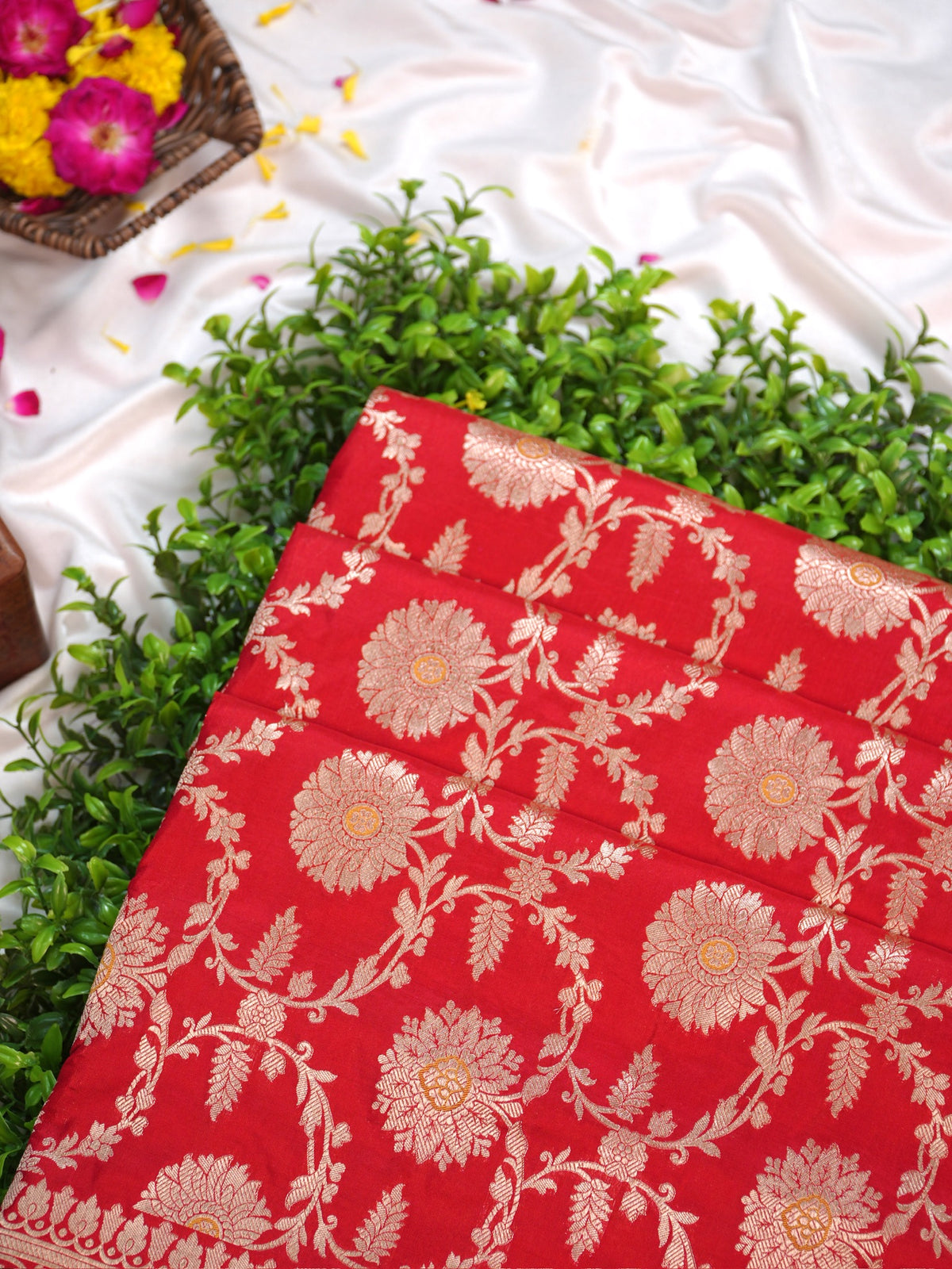 VIRASAT 161B: Pure Red Handloom Katan Silk Mughal Meenakari Floral Jaal Saree