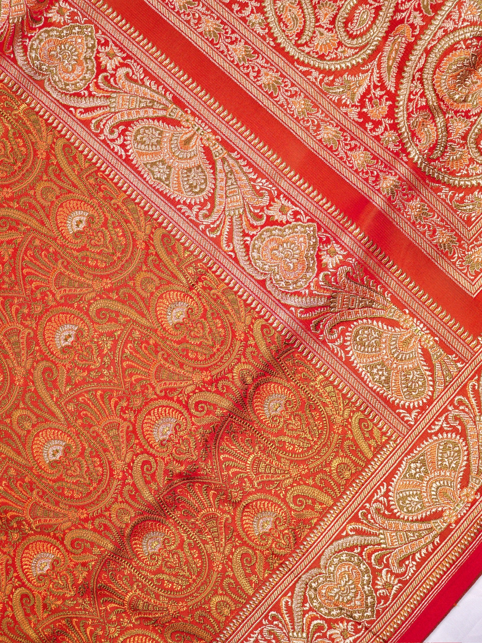 Waah Banaras 166B: Rust Orange Satin Tanchoi Silk Saree with Rich Zari, Resham Weaving & Grand Floral Paisley Border