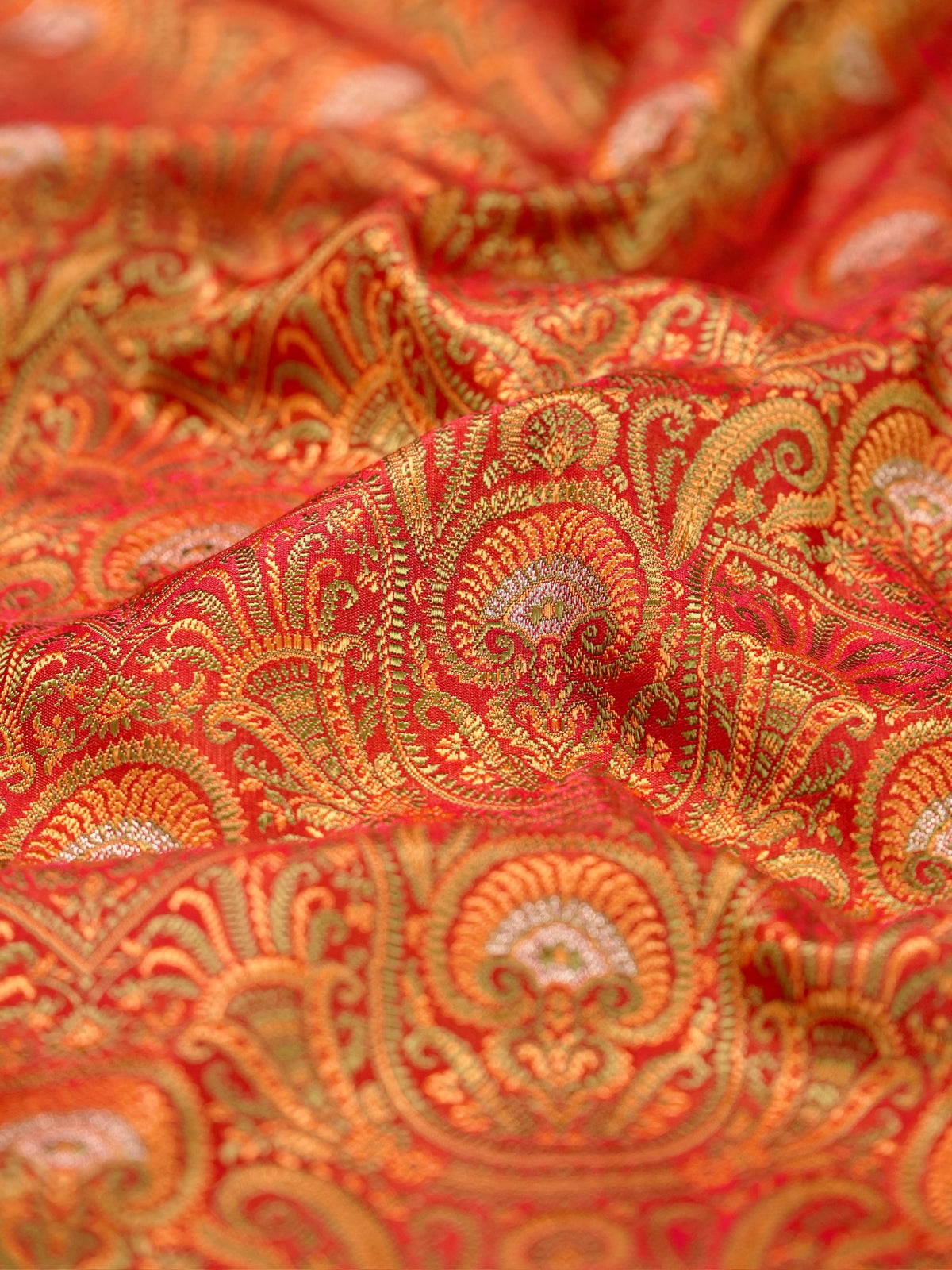 Waah Banaras 166B: Rust Orange Satin Tanchoi Silk Saree with Rich Zari, Resham Weaving & Grand Floral Paisley Border